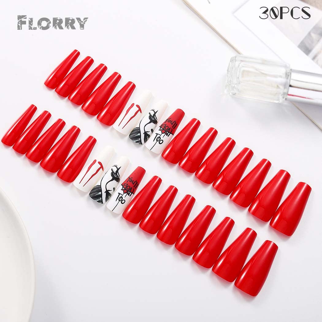 Florry Halloween Extra Long Press on Nails - Black Matte Coffin Fake Nails for Women & Girls (30Pcs Vampire Style) | Perfect for Halloween Parties, Cosplay & Gothic Fashion