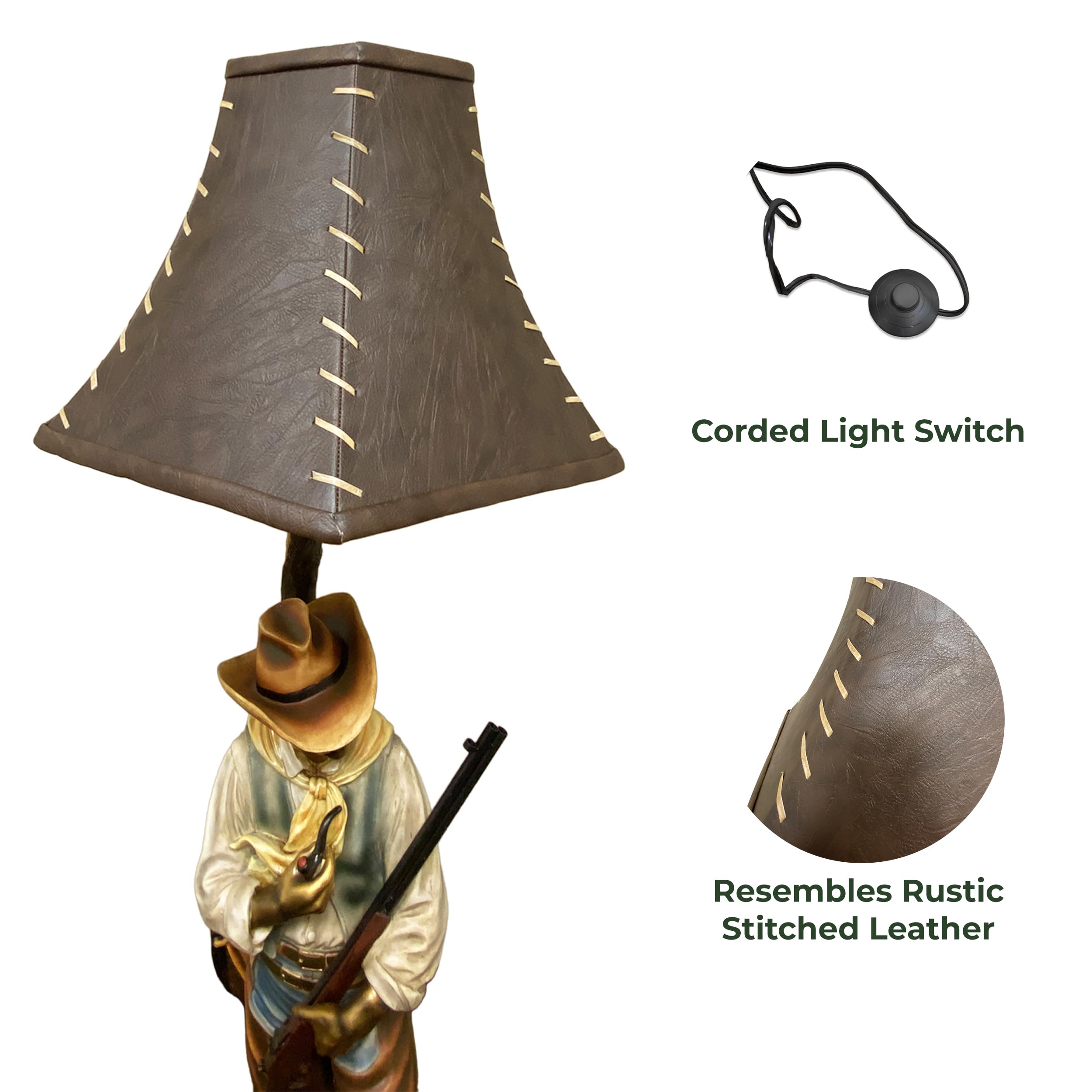 Rustic Cowboy Floor Lamp - 64 Inch Tall Hand Painted Poly Resin Western Decor for Living Room & Bedroom | 100W Bulb | Perfect for Ranch Style Homes, Man Caves & Western Themed Interiors