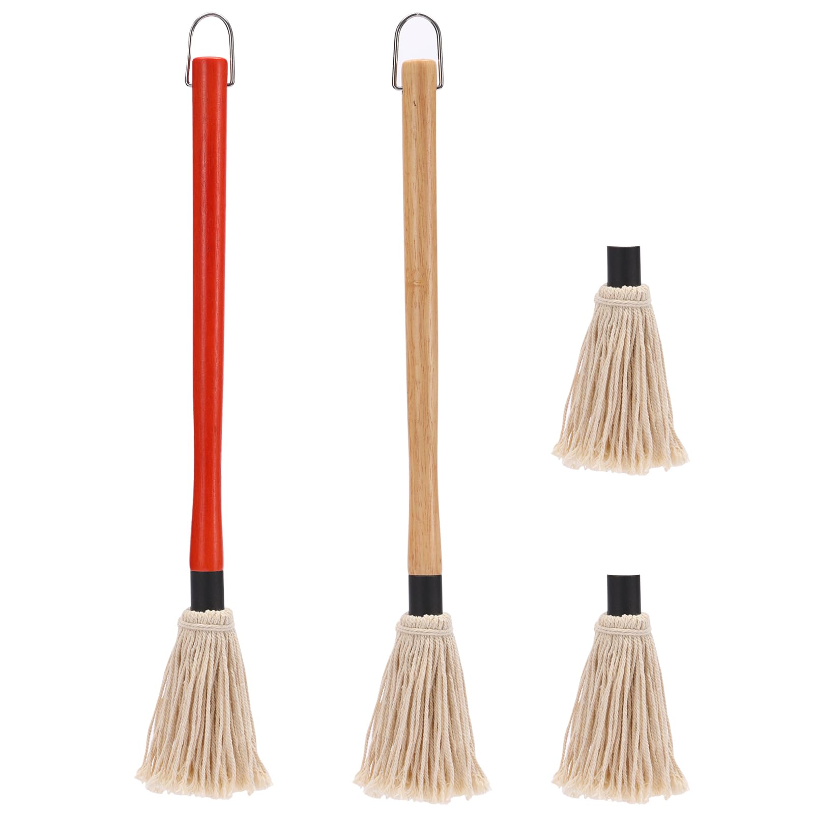 2 Pack 18 Inch BBQ Basting Mop with Wooden Handle - Extra Replacement Brushes Included for Grilling, Smoking Steak & Meat - Perfect for Outdoor Cooking, Backyard BBQ & Camping (Natural Wood & Brown)