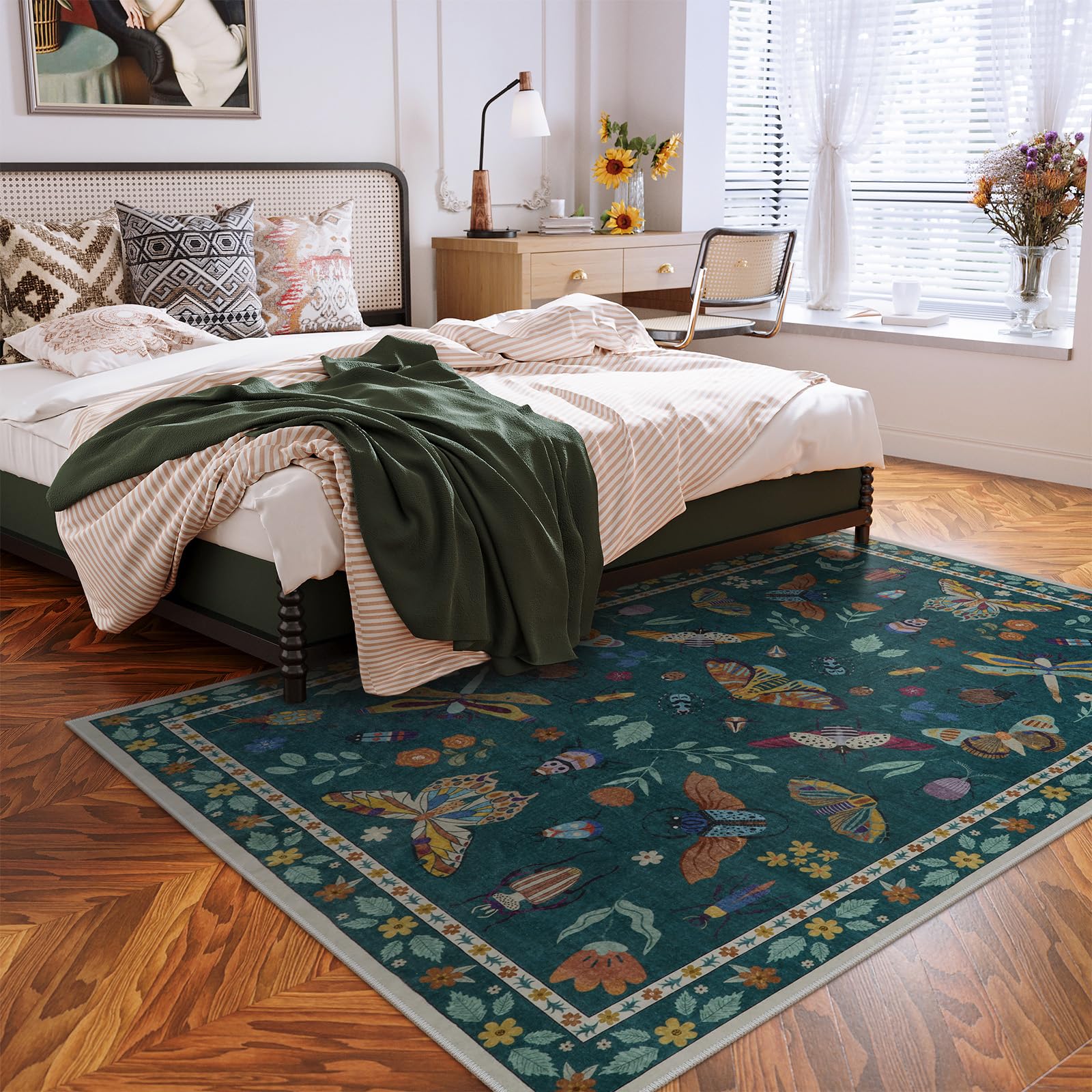 Lahome Insect Print Washable Area Rug 6x9 Feet - Soft Non-Slip Modern Rug for Living Room, Bedroom, Dining Room, Office & Nursery - Ultra-Thin Stain Resistant Large Carpet (Dark Green) | Perfect for Home Decor, Kids Play Area & Pet-Friendly Spaces