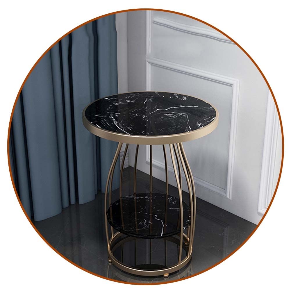 Etlegor Round Marble End Table - Light Luxury Small Coffee Table with Double-Layer Storage, Modern Nightstand for Bedroom & Living Room | Perfect for Sofa Corner, Office, Dorm Decor