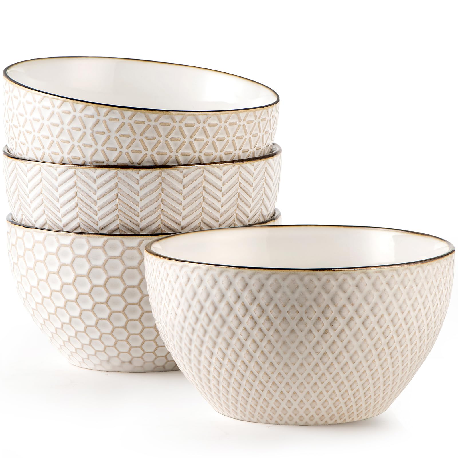 Premium 26oz Ceramic Soup Bowls Set of 4 - Stoneware Cereal & Rice Bowls for Oatmeal, Salad, Dessert - Microwave, Dishwasher & Oven Safe White Embossed Kitchenware - Perfect for Family Dinners & Entertaining Guests