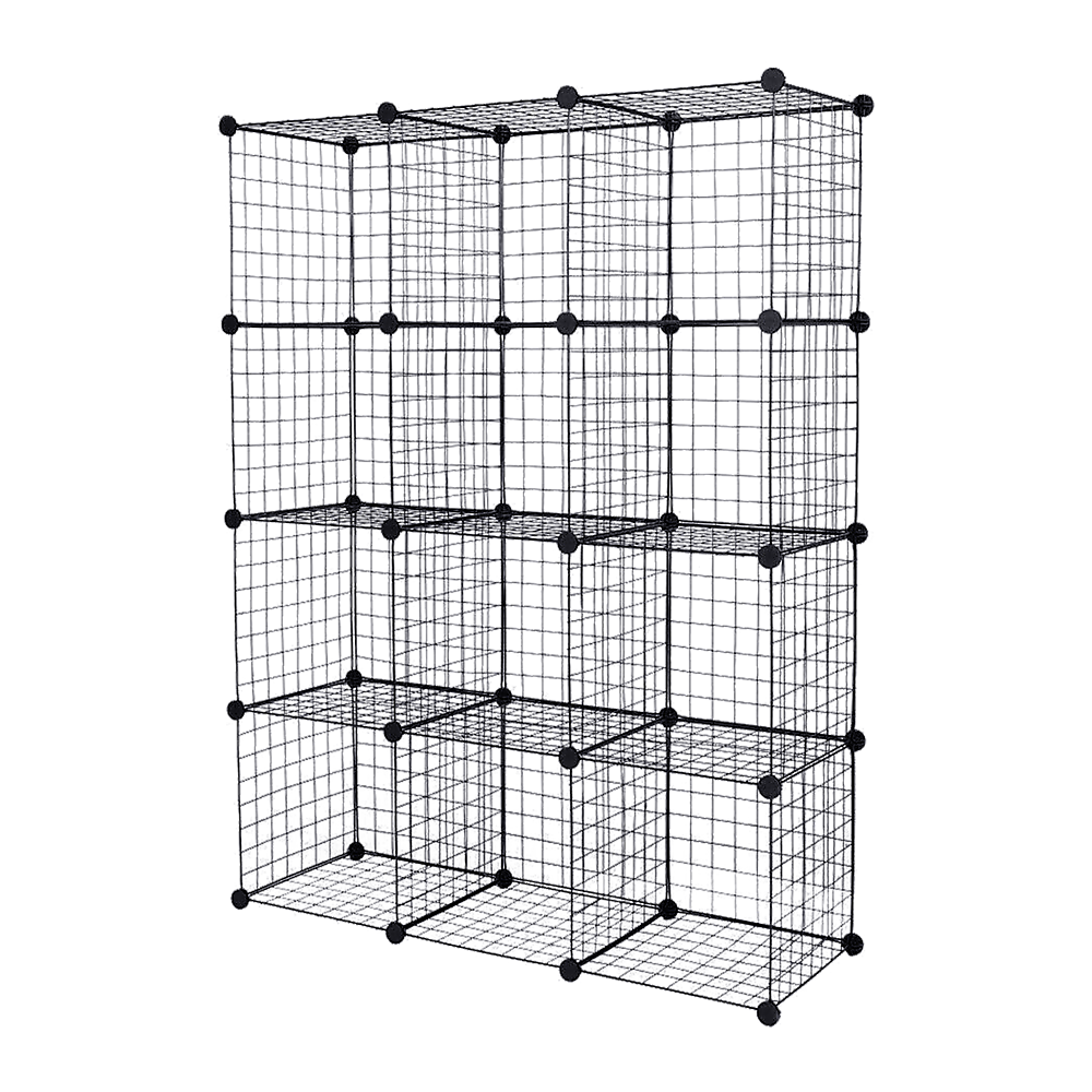 12-Cube Wire Grid Organizer Bookcase - Black Storage Cabinet for Closet, Wardrobe, Office & Living Room Organization