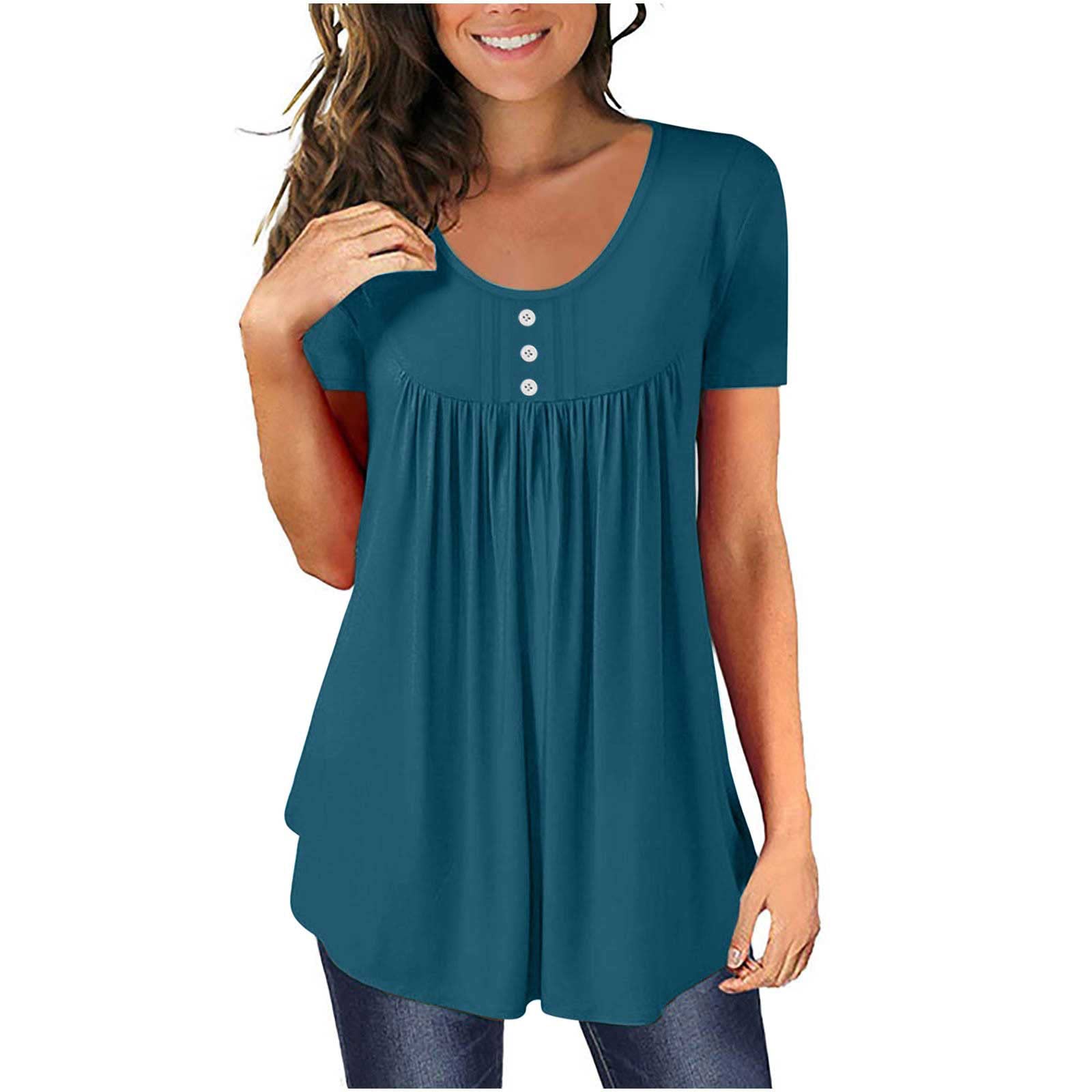 Women's Casual Ruched Tunic Tops - Short Sleeve Button Up Blouses for Leggings | Summer Fashion Outfits | Perfect for Work, Weekend & Vacation Wear