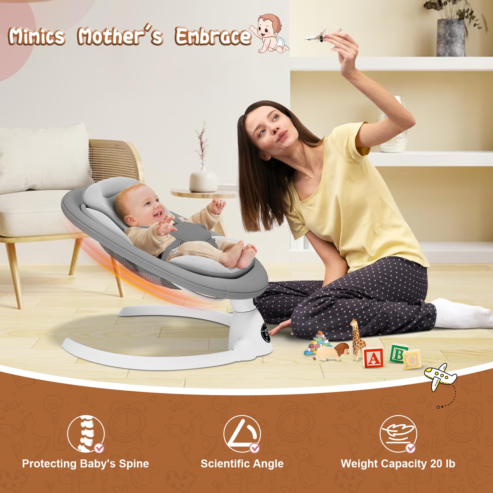 Electric Baby Swing for Infants to Toddlers - Remote Control & Bluetooth Music with 10 Preset Lullabies - Gray - Perfect for Nursery, Bedtime Soothing & Hands-Free Parenting