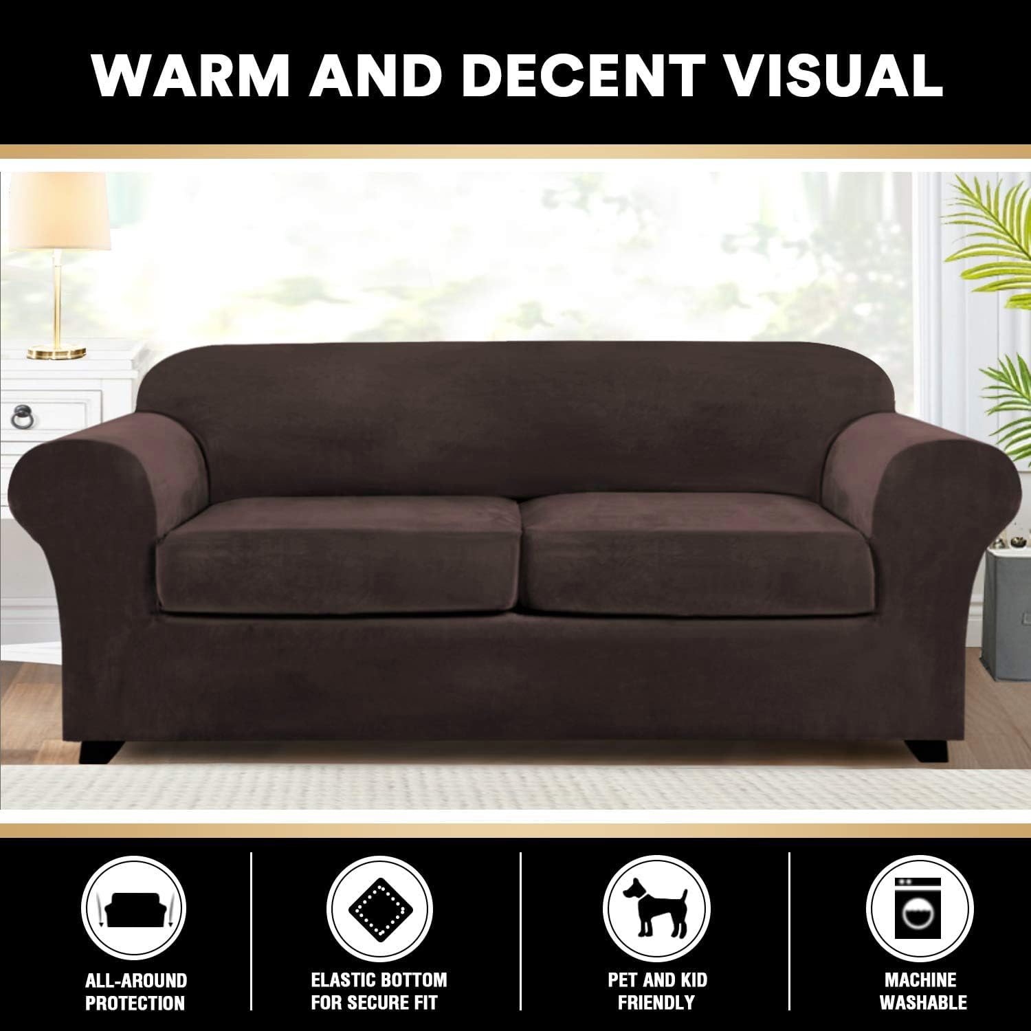 **PrinceDeco 3-Piece Soft Velvet Sofa Covers for 2-Cushion Loveseat – Anti-Slip Furniture Protector (72