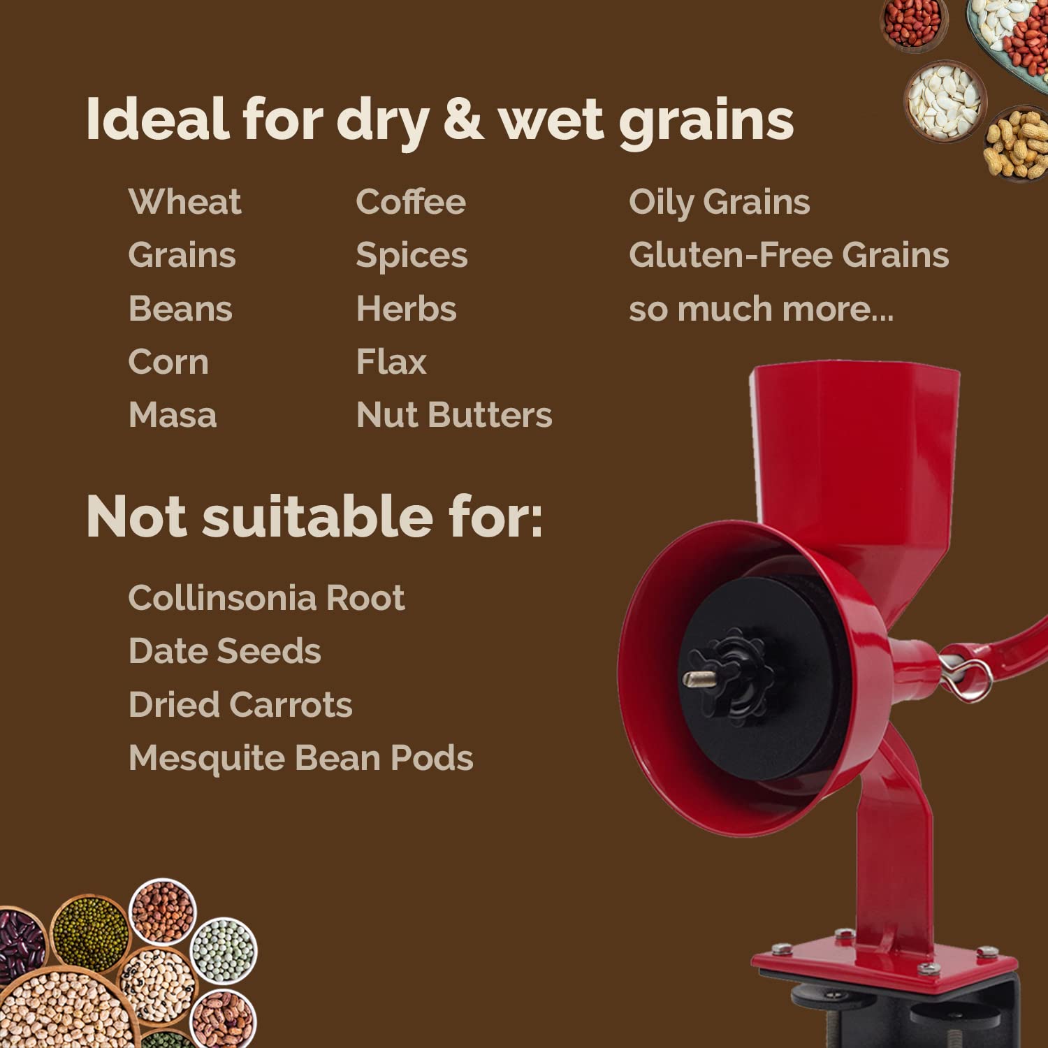 WONDERMILL Wonder Junior Deluxe Manual Hand Grain Mill - Stainless Steel Flour Grinder for Dry & Oily Grains, Wheat, Corn, Spices | Perfect for Home Baking, Camping & Emergency Food Prep