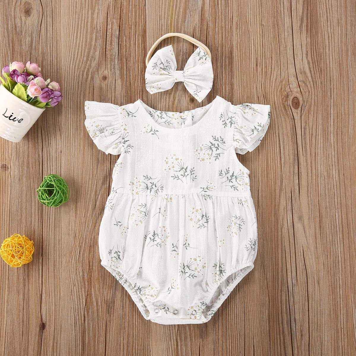 Floral Ruffle Sleeveless Cotton Romper Jumpsuit for Newborn Baby Girls with Matching Headband - Soft Summer Outfit for Photoshoots, Parties & Daily Wear