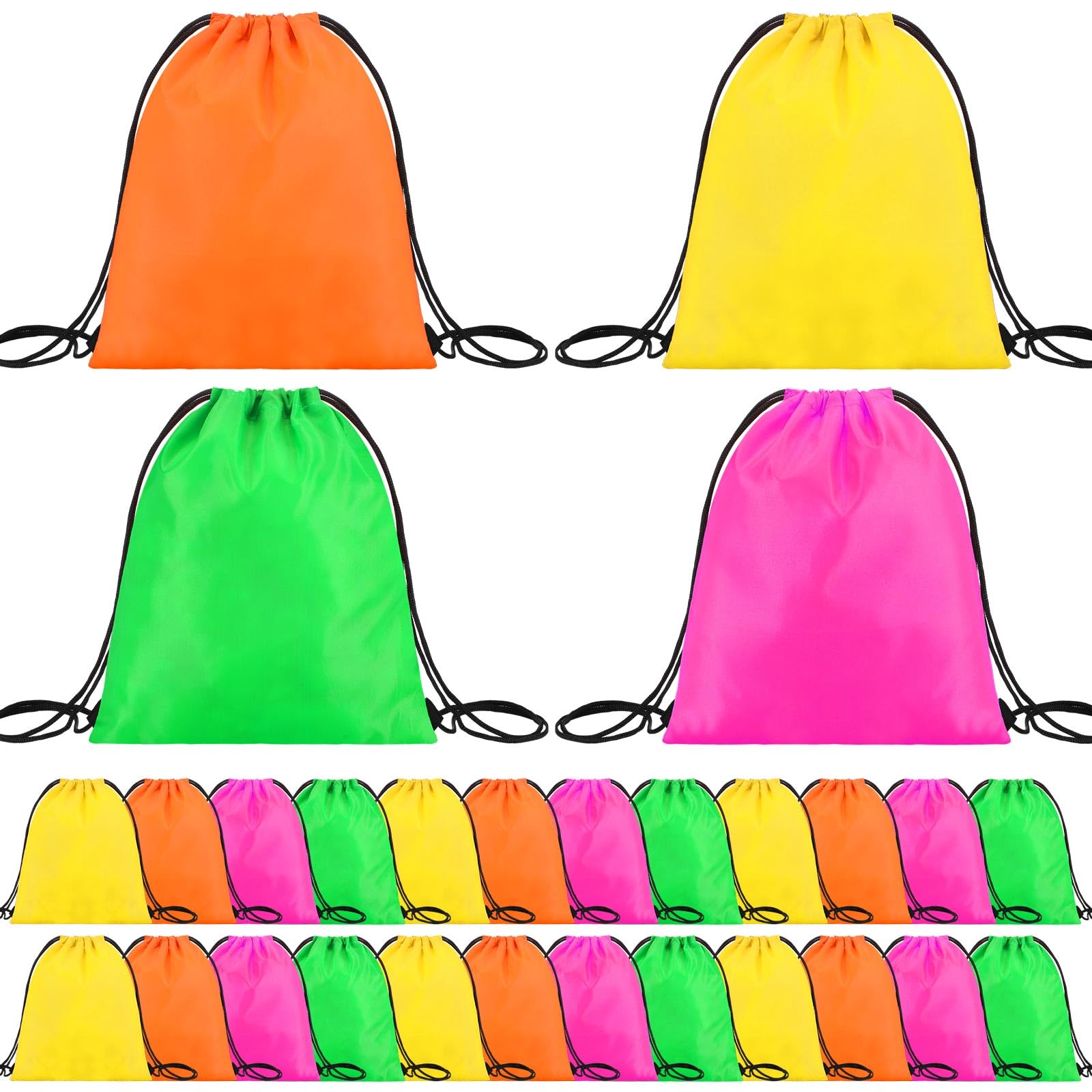 24-Piece Neon Party Drawstring Backpacks - Colorful Goodie Bags for Candy & Gifts (4 Vibrant Colors) - Perfect for Birthday Parties, Halloween, School Events & Festive Celebrations