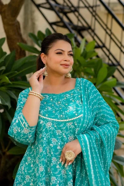 **Elegant Plus Size Sea Green Embroidered Anarkali Kurta Dupatta Set for Women – Perfect for Weddings, Festivals & Special Occasions**