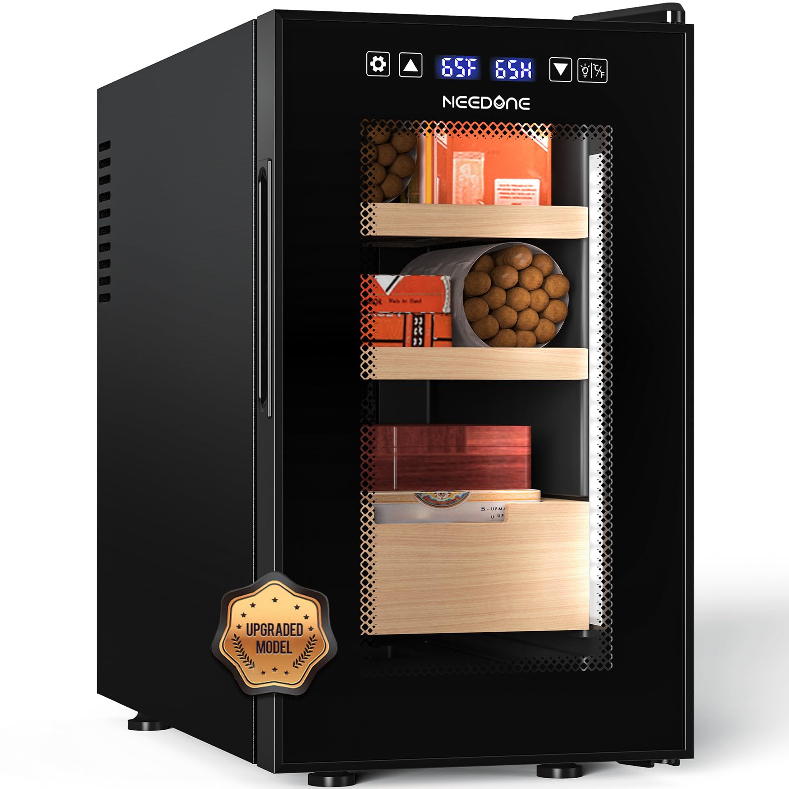 NEEDONE 23L Pro Electric Cigar Humidor with Smart Humidity, Heating & Cooling Control - Thermostatic Cabinet for 150 Cigars, Spanish Cedar Wood Shelves & Drawer, Built-in Hygrometer - Perfect for Home, Office or Man Cave - Ideal Gift for Men & Cigar Enthusiasts