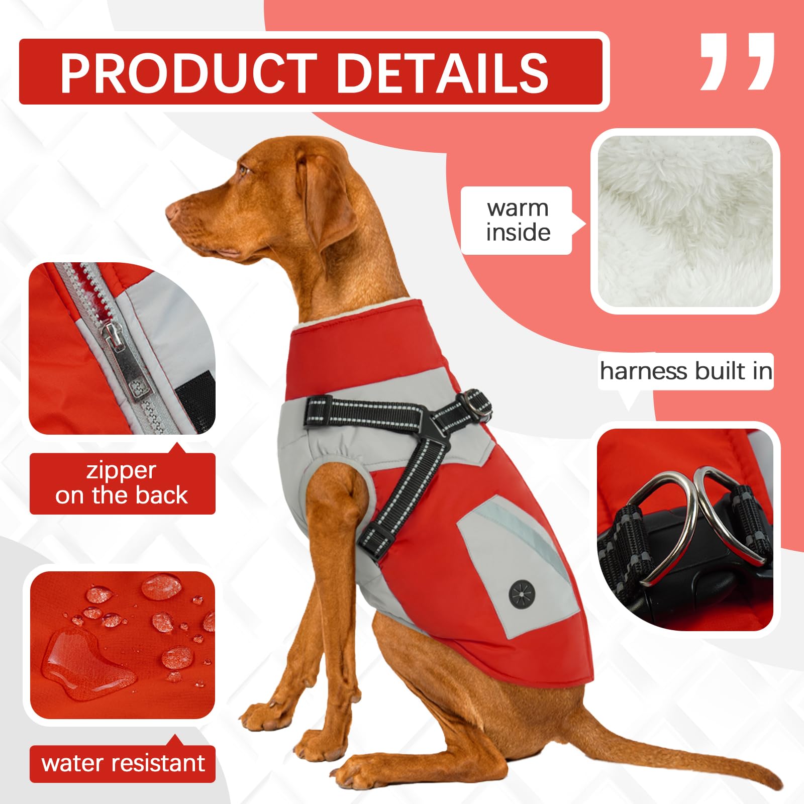 FUAMEY Waterproof Dog Jacket with Built-in Harness - Winter Coat with Back Zipper & Poop Bag Pockets - Reflective Snowsuit Vest for Medium Dogs (Red, Size M) - Perfect for Outdoor Walks, Hiking & Cold Weather Protection