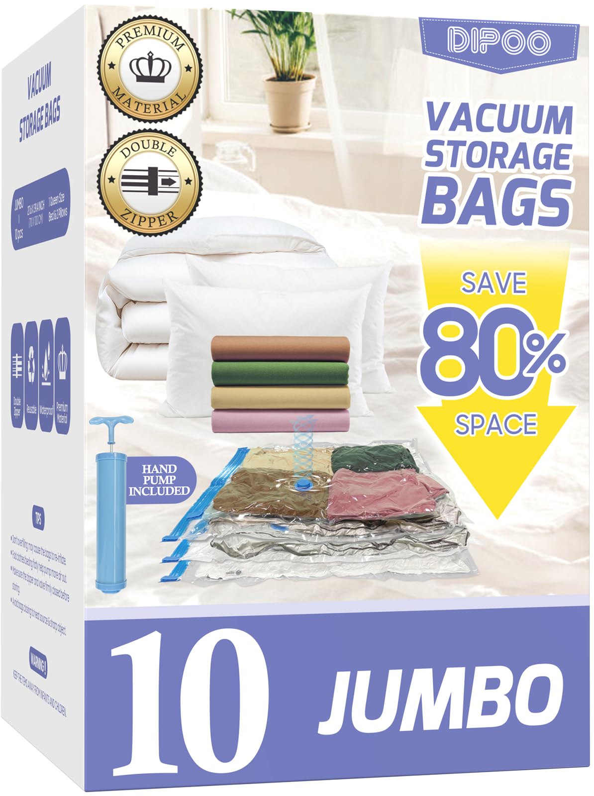 10 Pack Jumbo Vacuum Storage Bags with Hand Pump - 80% Space Saving, Leak-Proof Compression Bags for Clothes, Blankets, Comforters - Perfect for Travel, Moving & Seasonal Storage | Heavy Duty Space Saver Bags for Luggage & Home Organization