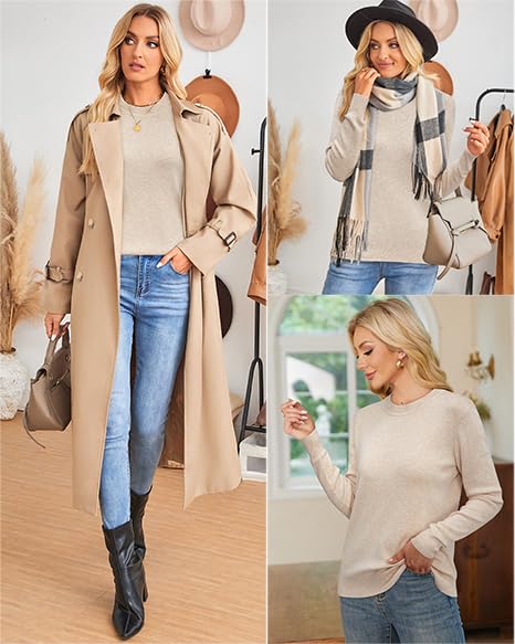 Arach&Cloz Women's 2025 Spring Fashion Wool Blend Sweater - Long Sleeve Crew Neck Pullover Top for Business Casual & Office Wear | Trendy Outfits for Work, Dating & Weekend Brunch
