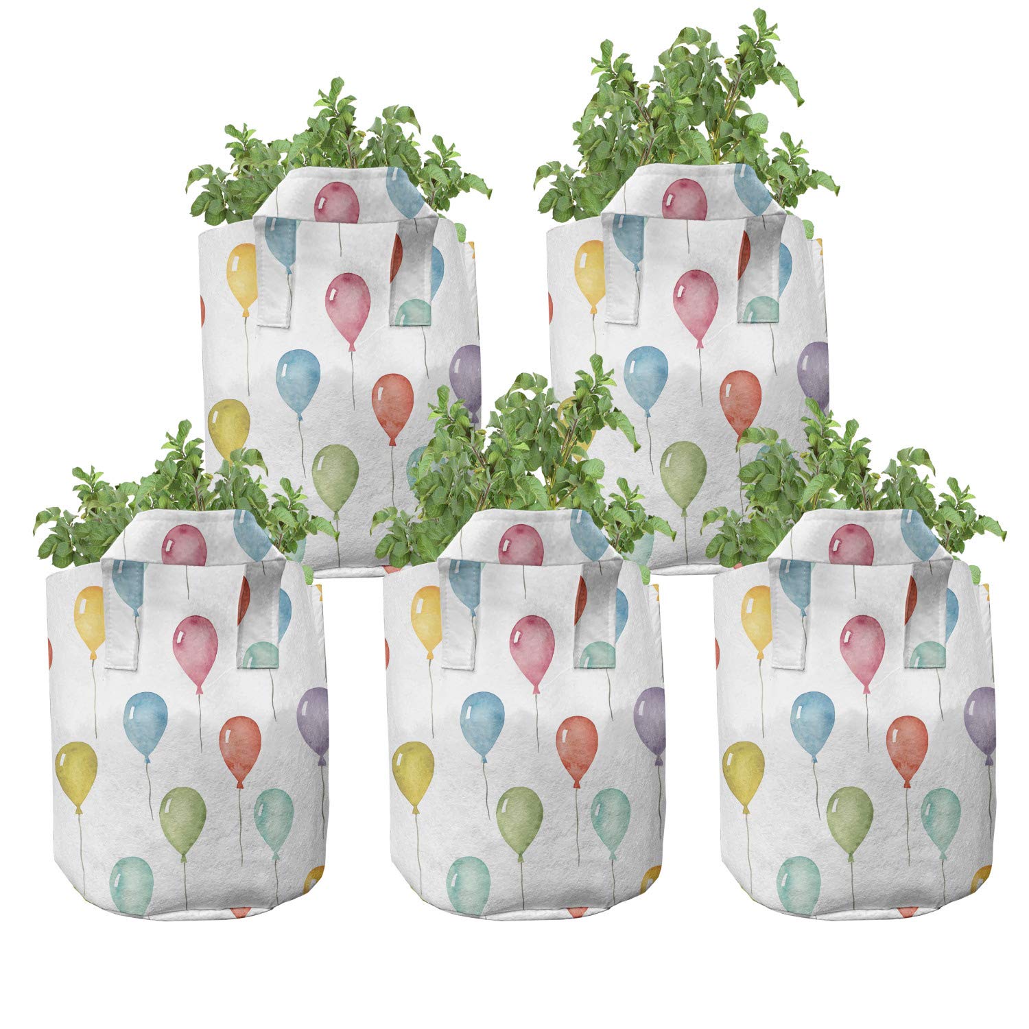 Ambesonne 5-Pack Colorful Grow Bags - Heavy Duty Fabric Plant Pots with Handles, Vibrant Watercolor Balloon Design for Indoor/Outdoor Gardening - Perfect for Flowers, Vegetables & Herbs