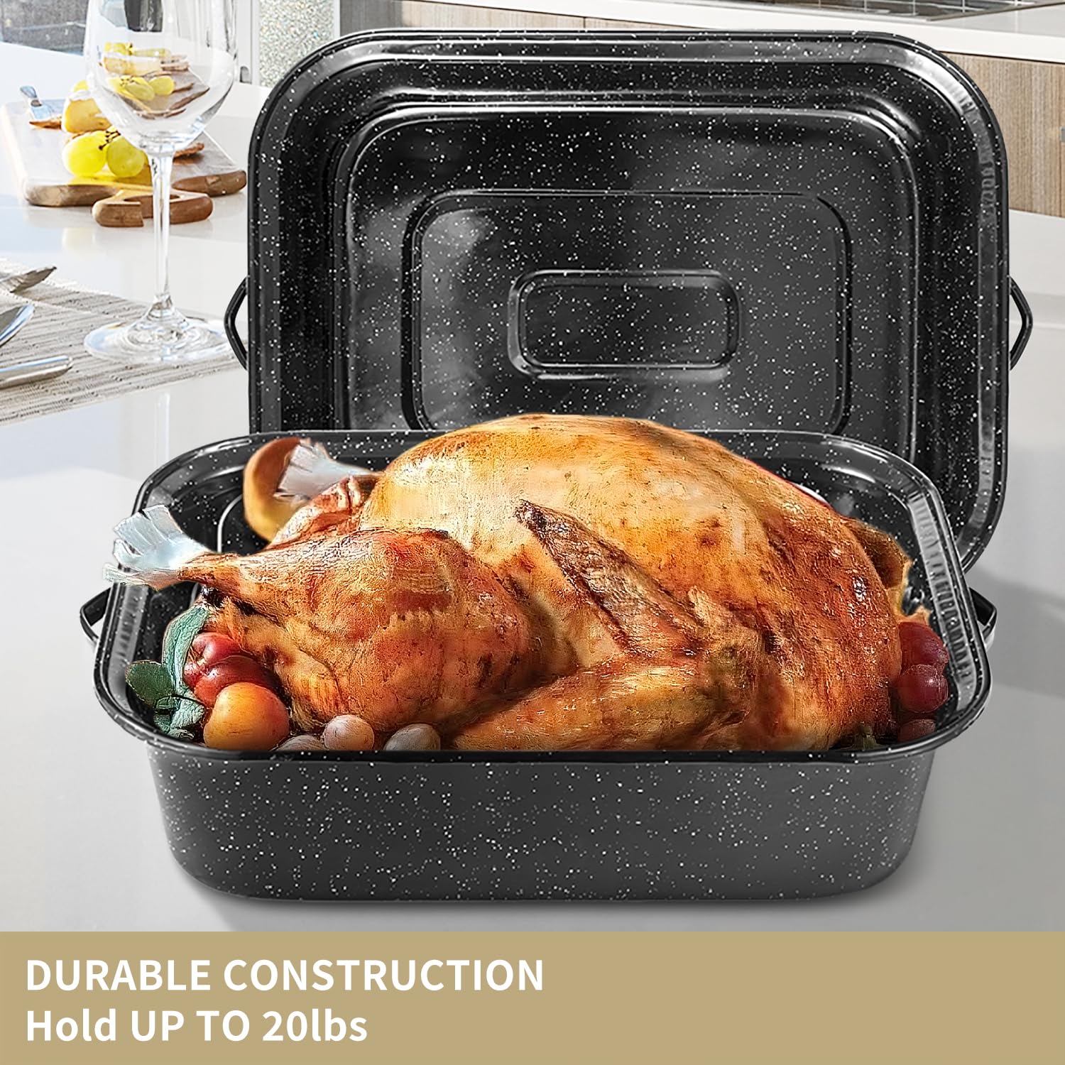 21 Inch Extra Large Roasting Pan with V-Rack & Lid - 25 lb Capacity Heavy Duty Rectangular Turkey Roaster for Baking, Grilling & Holiday Cooking - Perfect for Thanksgiving, Christmas & Family Gatherings