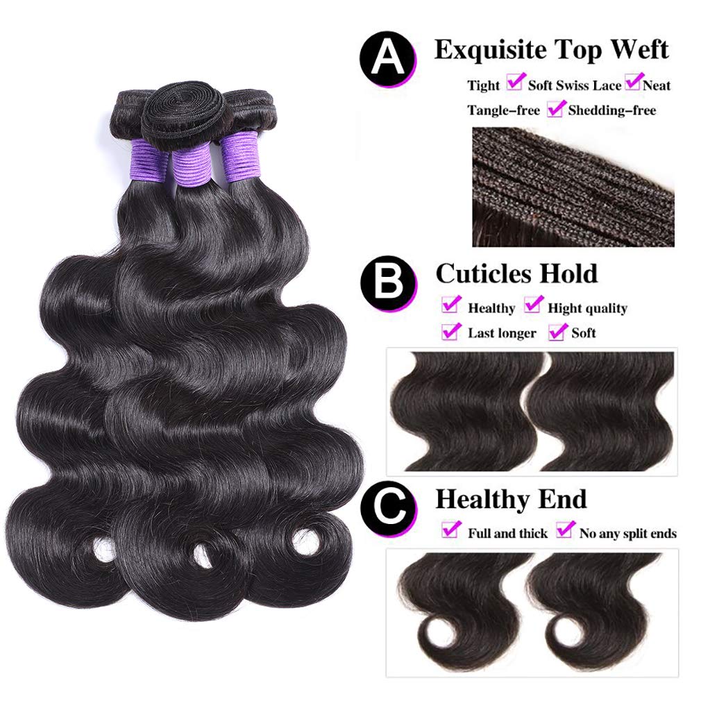 Brazilian Virgin Human Hair Bundles 3-Pack - 10/12/14 Inch Body Wave Weave Extensions (1B Color) for Women | Remy Human Hair Wefts for Styling & Volume | Perfect for Daily Wear, Parties & Special Occasions