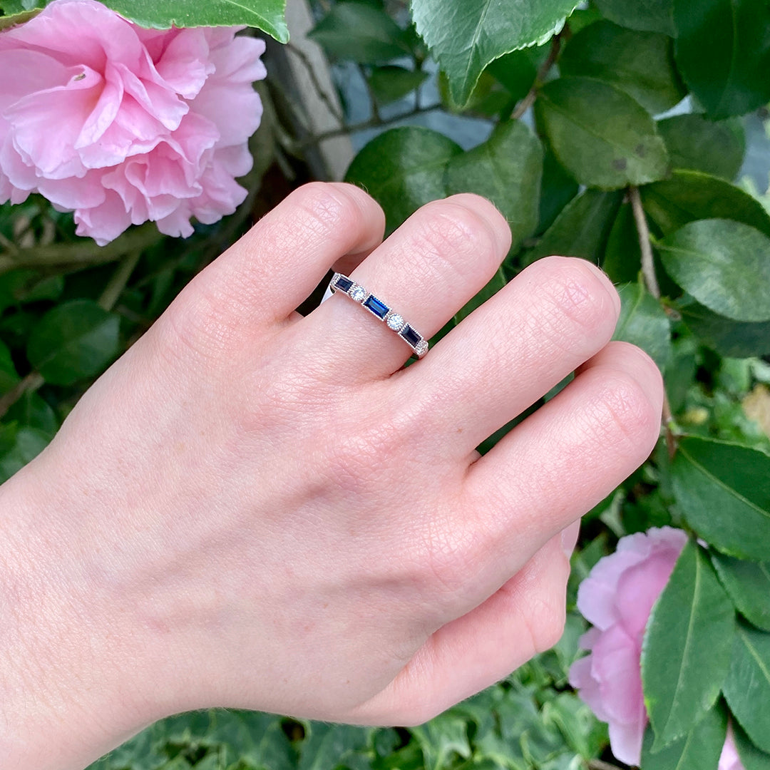 14K Gold Baguette Sapphire & Diamond Milgrain Wedding Band Ring – Elegant Bridal Jewelry for Engagement, Anniversary & Special Occasions