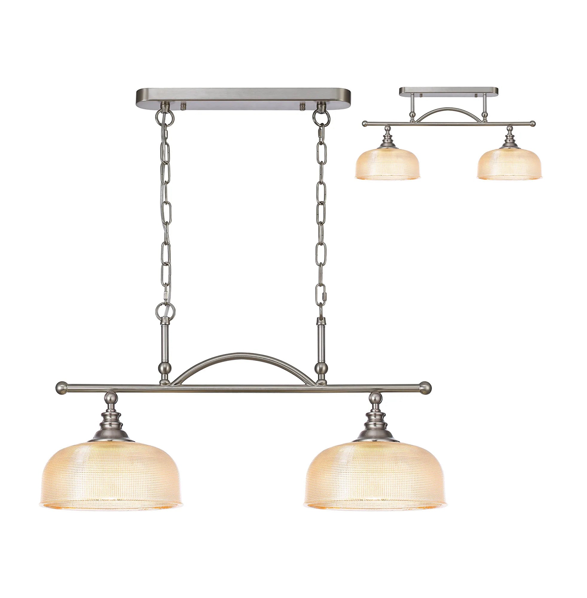 Cleron Semi Flush Mount Ceiling Light - Adjustable 2/3 Light Kitchen Lighting Fixture with E27 Socket in Satin Nickel, Polished Nickel & Antique Brass Finish - Prismatic Glass Shade for Dining Room, Bedroom or Hallway Lighting