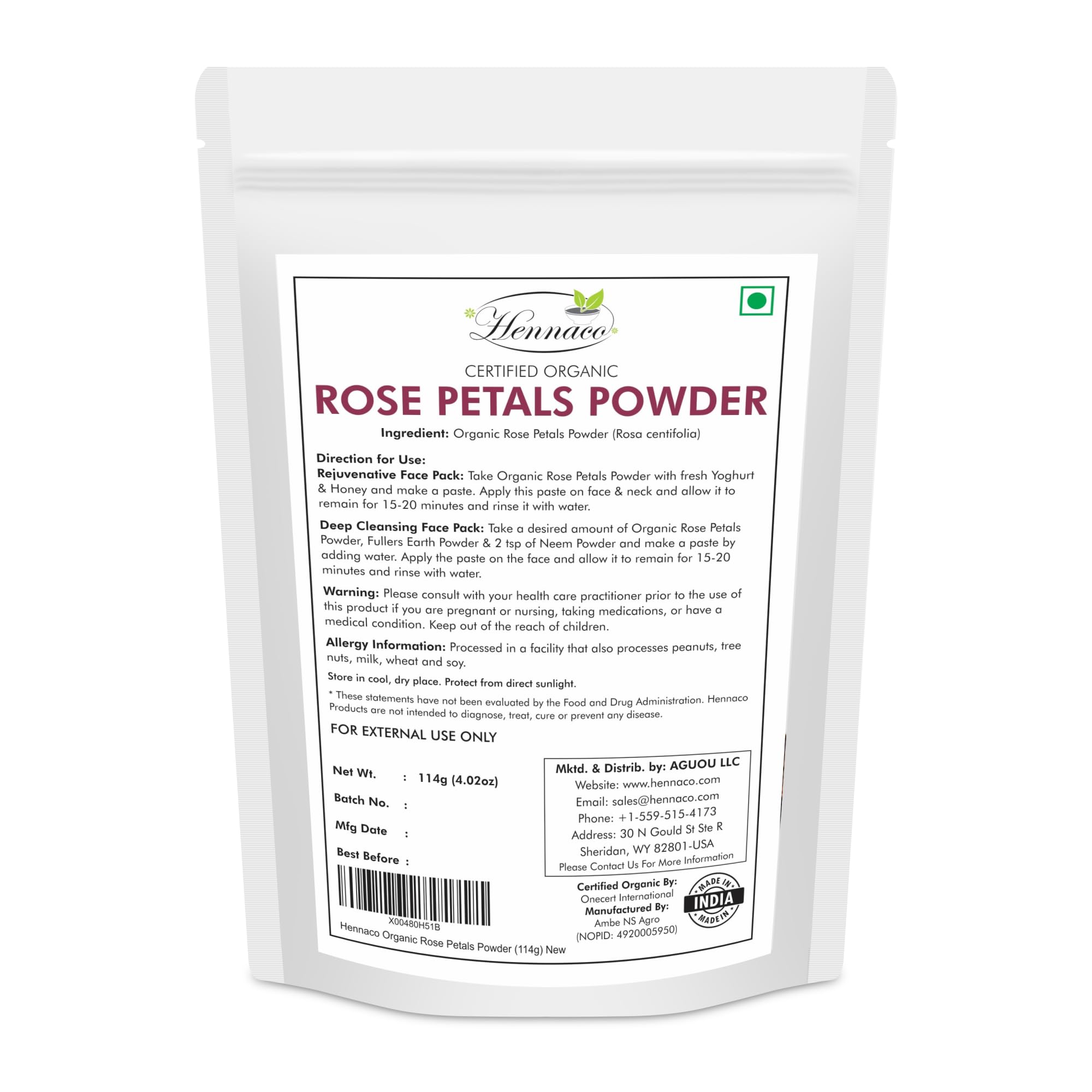 Organic Rose Petals Powder - 114g (4oz) All-Natural Skin Toner & Hair Mask | Chemical-Free, Preservative-Free | For Dry, Oily & Sensitive Skin | DIY Face Masks, Bath Soaks & Aromatherapy