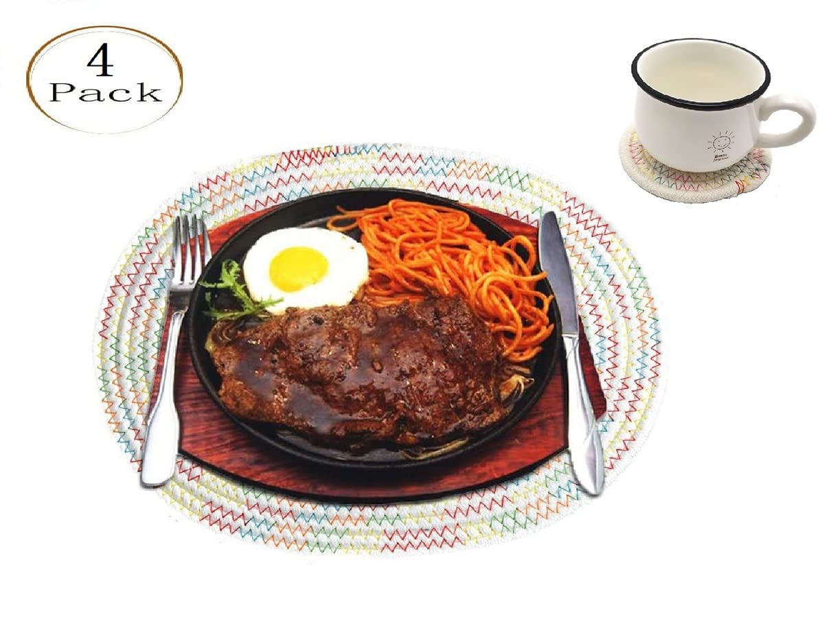 4-Pack Cotton Woven Oval Placemats with Round Coasters - Heat Resistant Braided Table Mats for Dining, Kitchen & Rustic Home Decor | Perfect for Dinner Parties, Daily Use & Holiday Table Settings