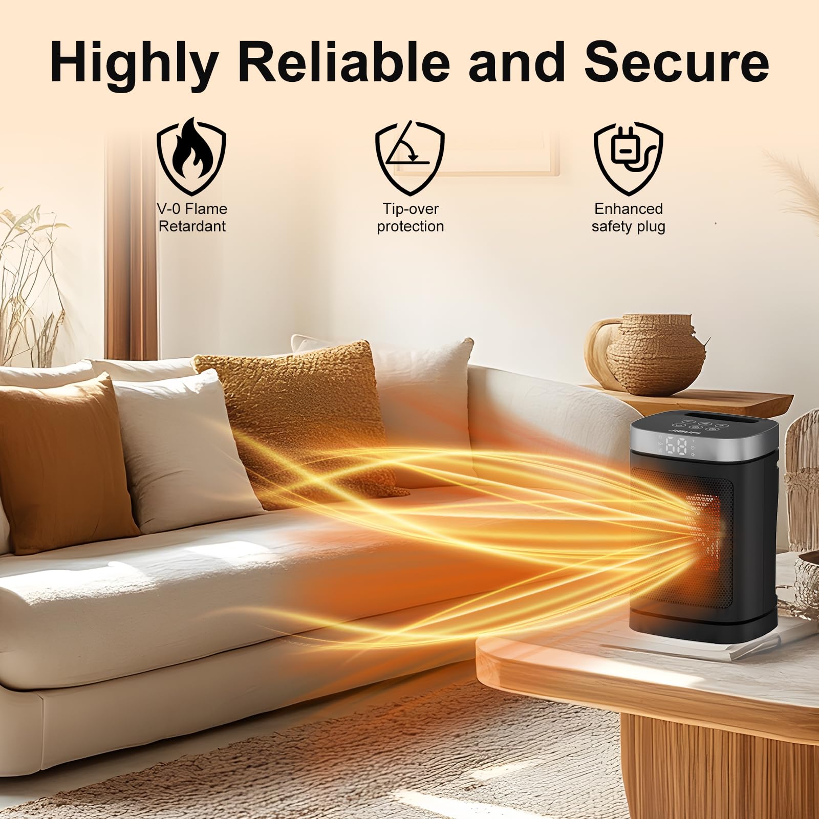 JIBUFI 1500W PTC Electric Space Heater - Small Portable Indoor Heater with 70° Rotation, Fast & Safe Heating, Remote Control, 1-12 Hour Timer - Perfect for Bedroom, Office, Home & Winter Use (Silver)
