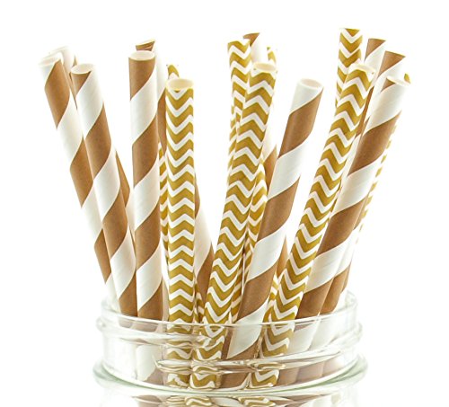 Elegant Gold Wedding Straws - Pack of 50 Brown Striped & Chevron Paper Drinking Straws for Anniversary Parties, Bridal Showers & Luxury Events - Eco-Friendly Disposable Party Supplies