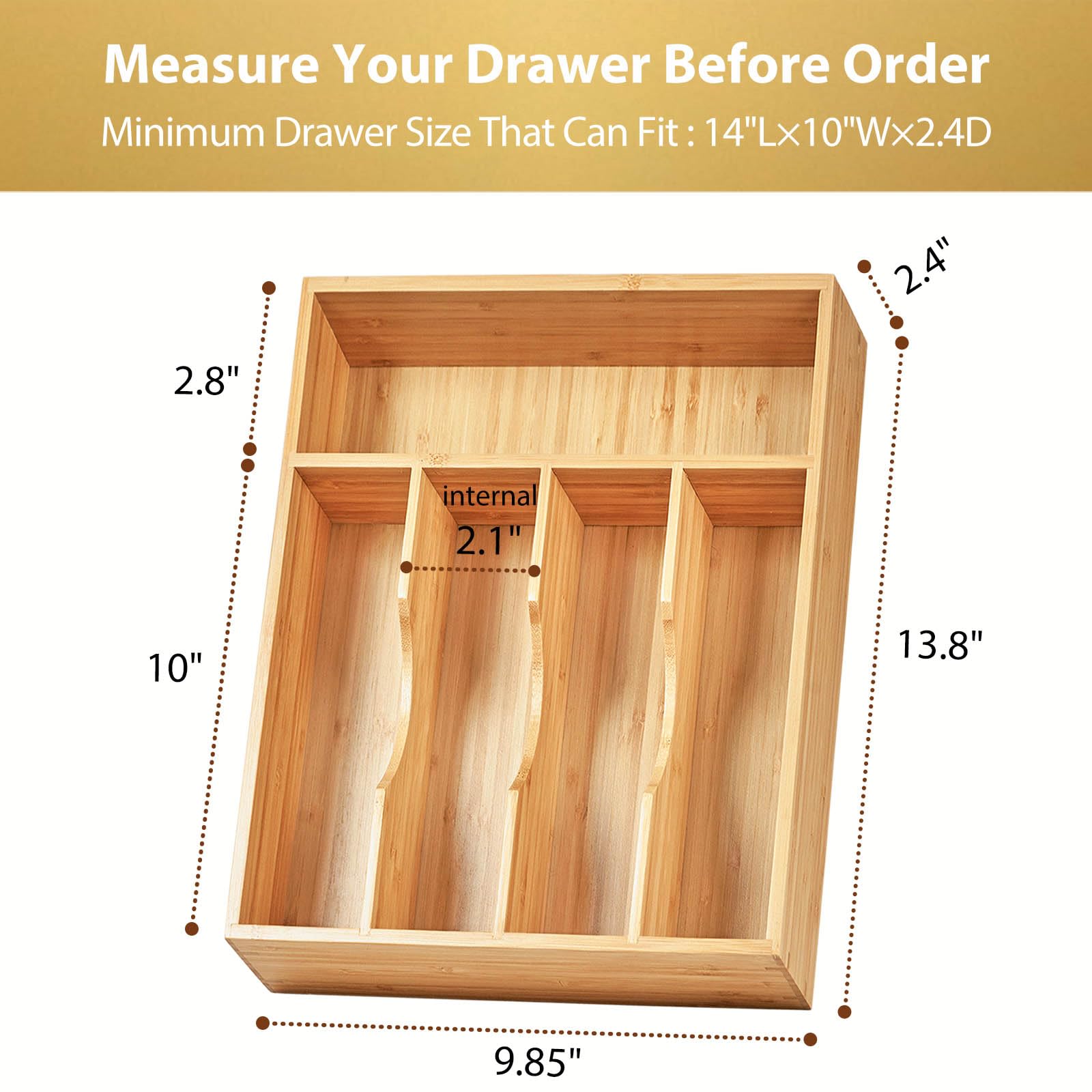 Umilife 10 Inch Bamboo Kitchen Drawer Organizer - Silverware Utensil Tray with Non-Slip Feet & Grooved Divider, 5-Slot Flatware Holder for Knives, Forks, Spoons - Perfect for Kitchen, Office, RV & Dorm Organization