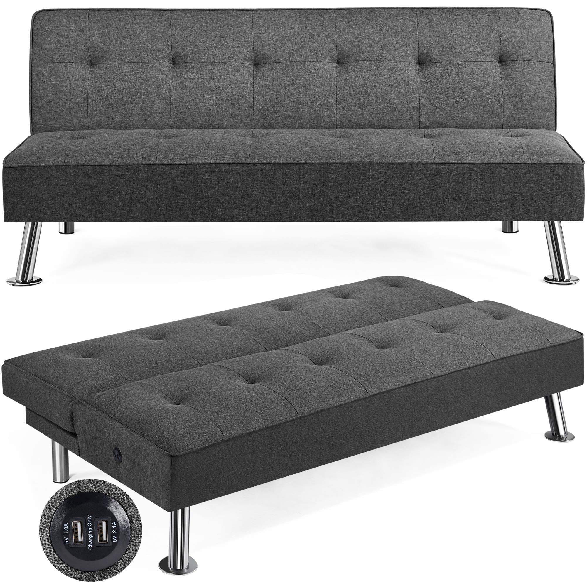 Yaheetech Modern Convertible Futon Sofa Bed with 2 USB Charging Ports - 3-Way Adjustable Back Loveseat Couch for Small Spaces - Gray Fabric Sofa Bed with Metal Legs - Perfect for Apartments, Dorms, Living Rooms & Guest Rooms