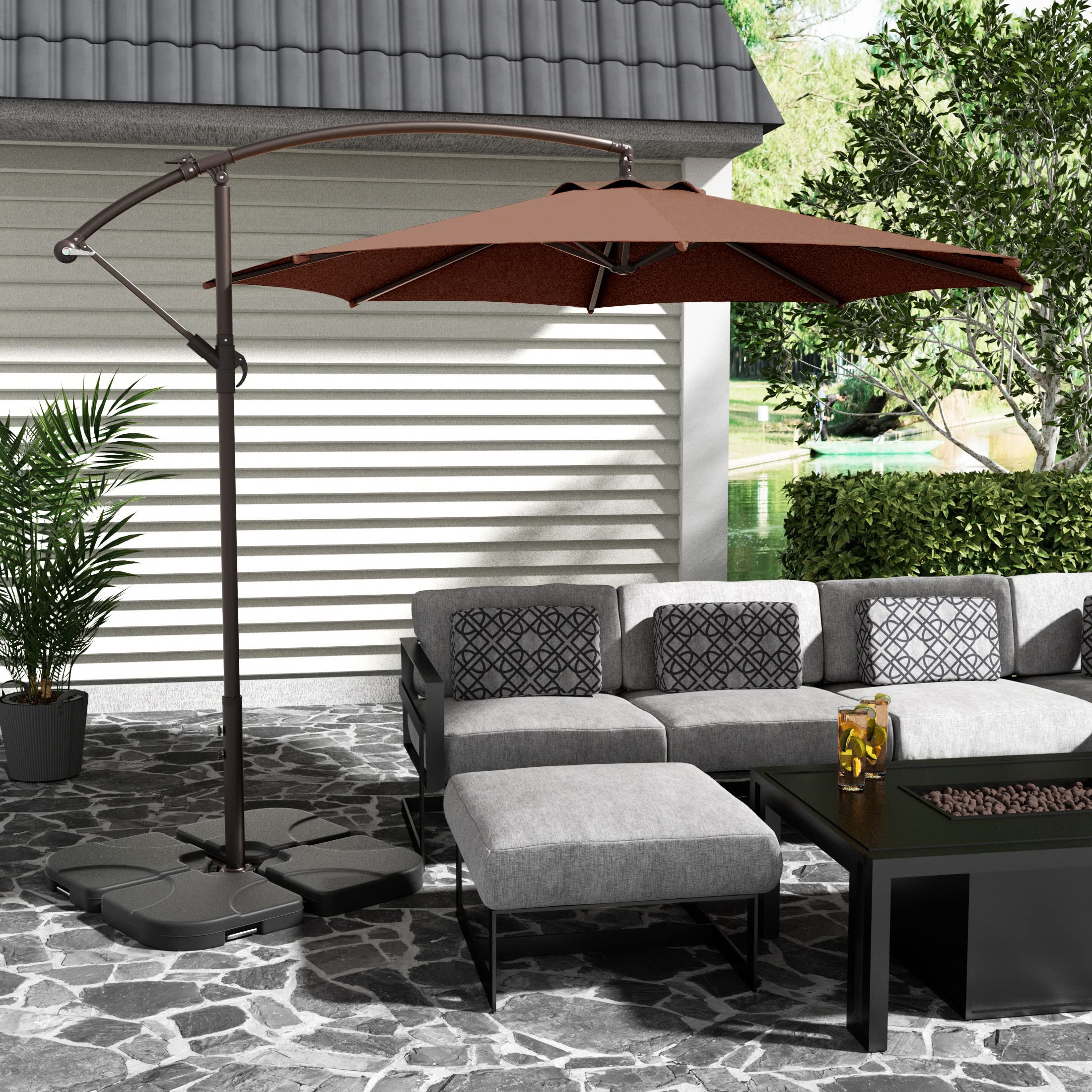 10ft Outdoor Patio Cantilever Umbrella with Stand - 2 Piece Hanging Shade Kit for Garden, Poolside & Backyard Relaxation