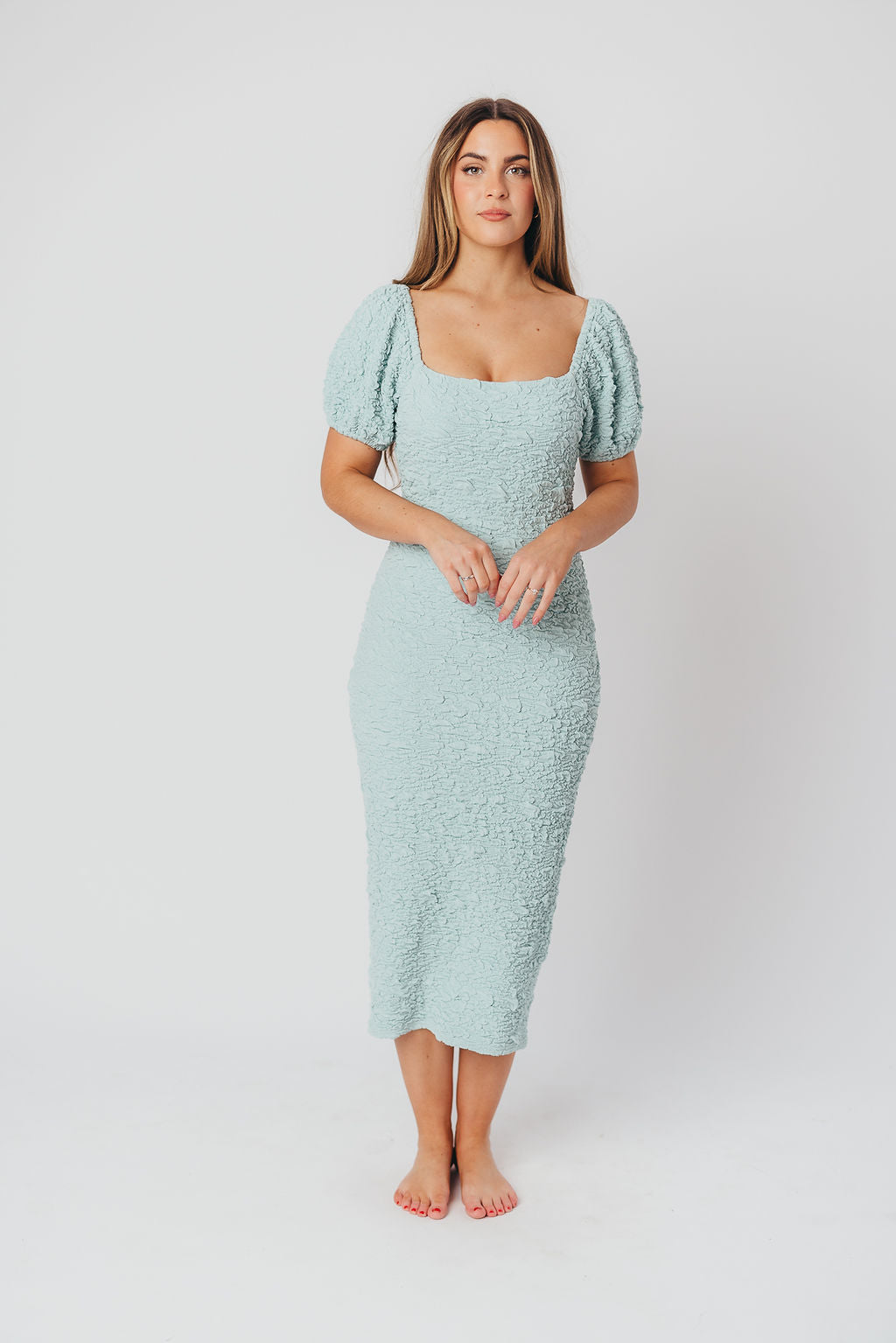 Blakeley Textured Midi Dress - Seafoam Green Bump Friendly Maternity Dress for Women | Perfect for Baby Showers, Maternity Photos & Everyday Wear