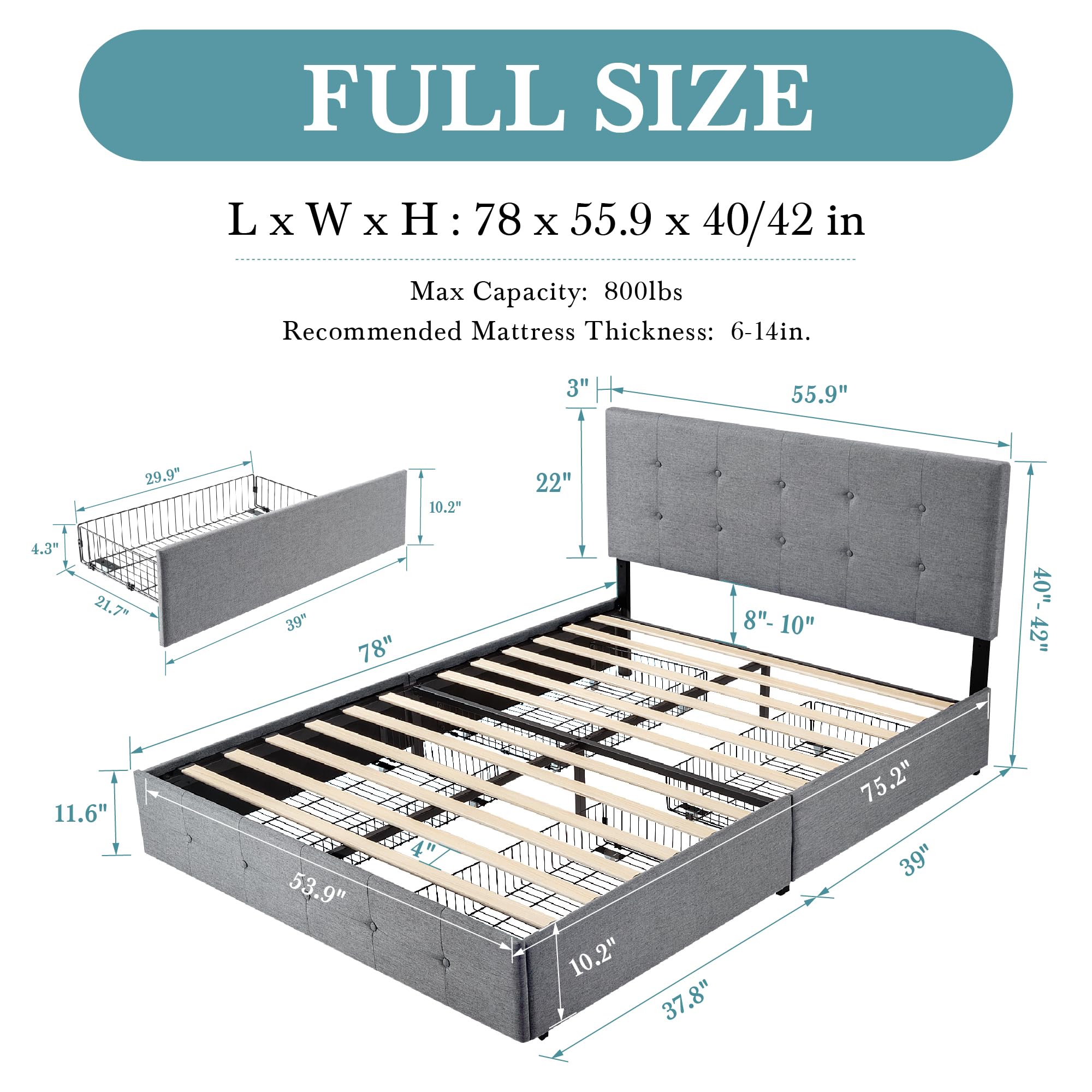HOOMIC Full Size Platform Storage Bed Frame with 4 Drawers - Adjustable Headboard, Square Stitched Button Tufted Design, Wooden Slats - No Box Spring Needed, Noise Free, Easy Assembly - Light Grey - Perfect for Small Bedrooms, Guest Rooms & Modern Apartments