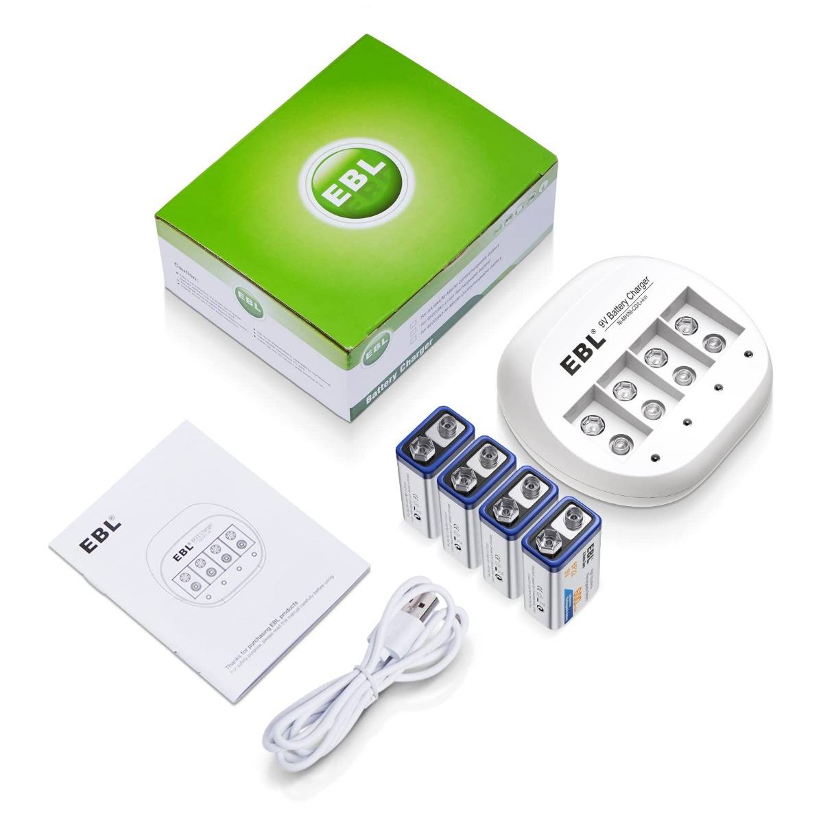 EBL 4-Pack 600mAh 9V Lithium Ion Rechargeable Batteries with 4-Bay Smart Charger - Perfect for Smoke Detectors, Guitar Pedals & Medical Devices
