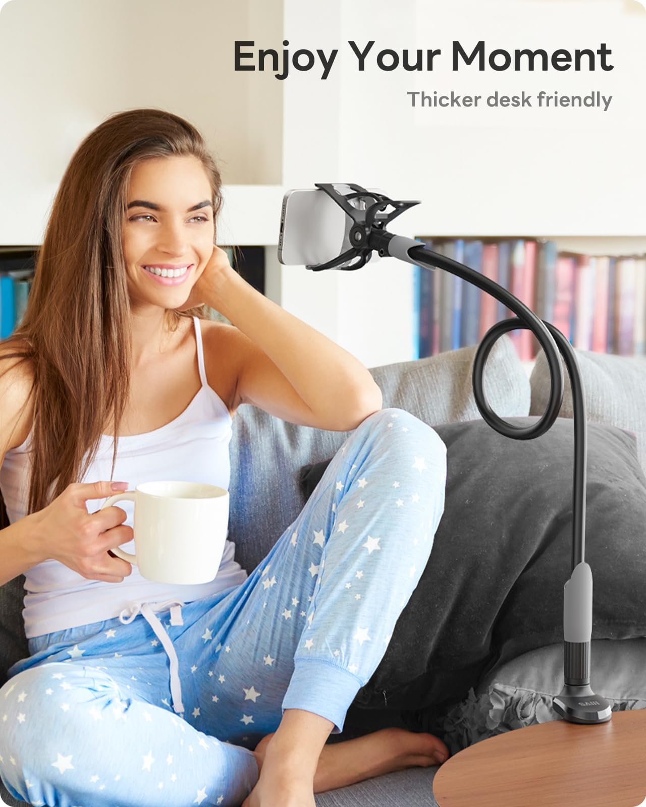 SAIJI Adjustable Gooseneck Phone Holder - Flexible Long Arm Phone Mount for Desk, Clip Stand for iPhone, Samsung, Nintendo Switch - Perfect for Reading, Gaming & Video Calls (Black)