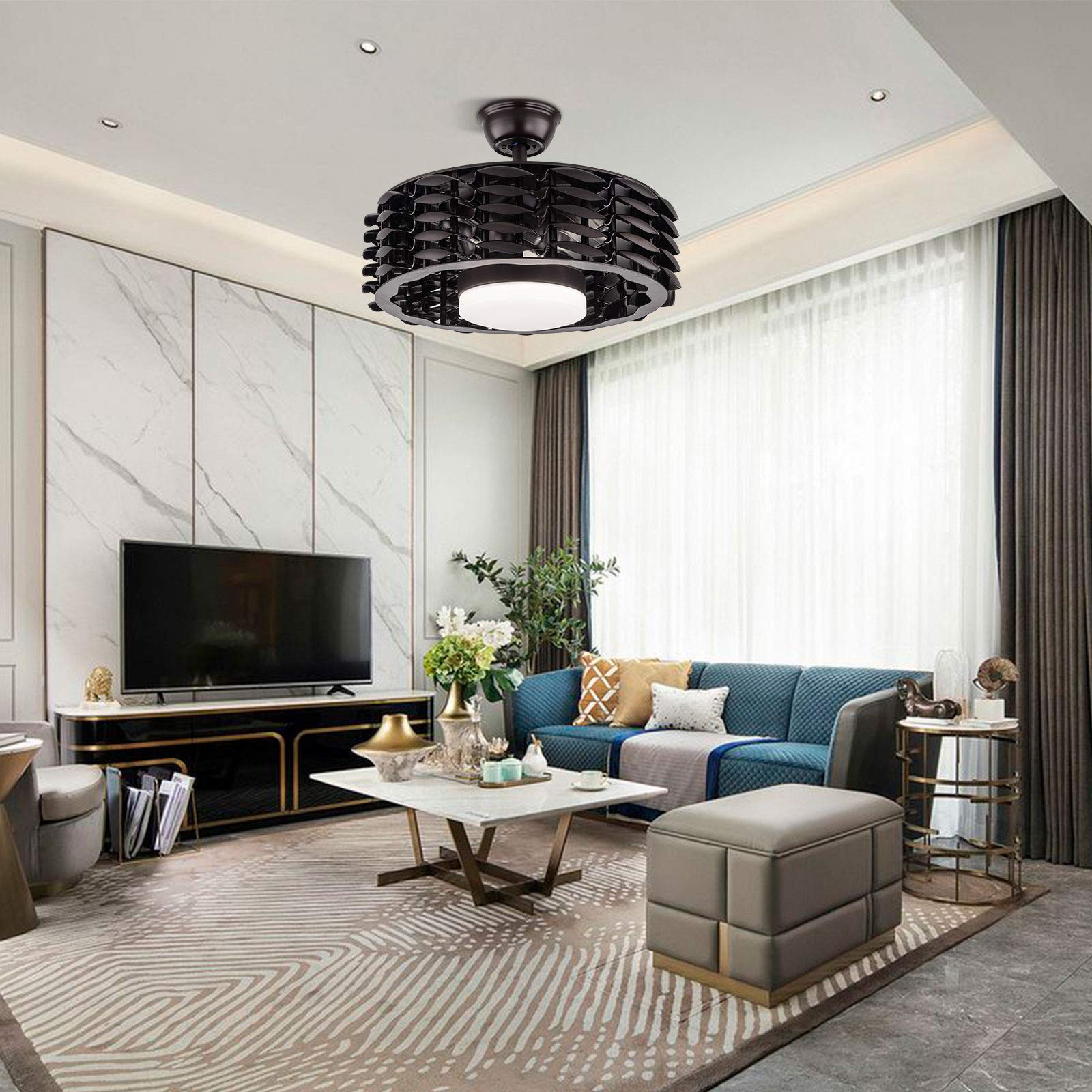 DNYSYSJ 22 Inch Reversible Bladeless Ceiling Fan with LED Light - Coffee Black & Copper Motor, 3 Color Dimmable, Remote Control, Down Rods Included - Perfect for Living Room, Bedroom & Office Spaces