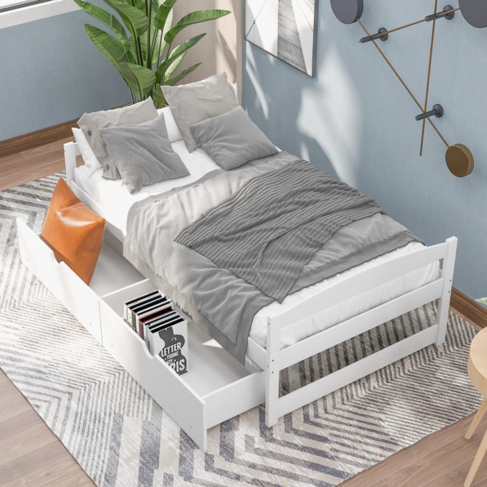 Solid Wood Twin Size Platform Bed Frame with 2 Storage Drawers & Wood Slat Support - No Box Spring Needed - Captain's Bed with Headboard & Footboard - White - Perfect for Small Bedrooms, Guest Rooms & Studio Apartments