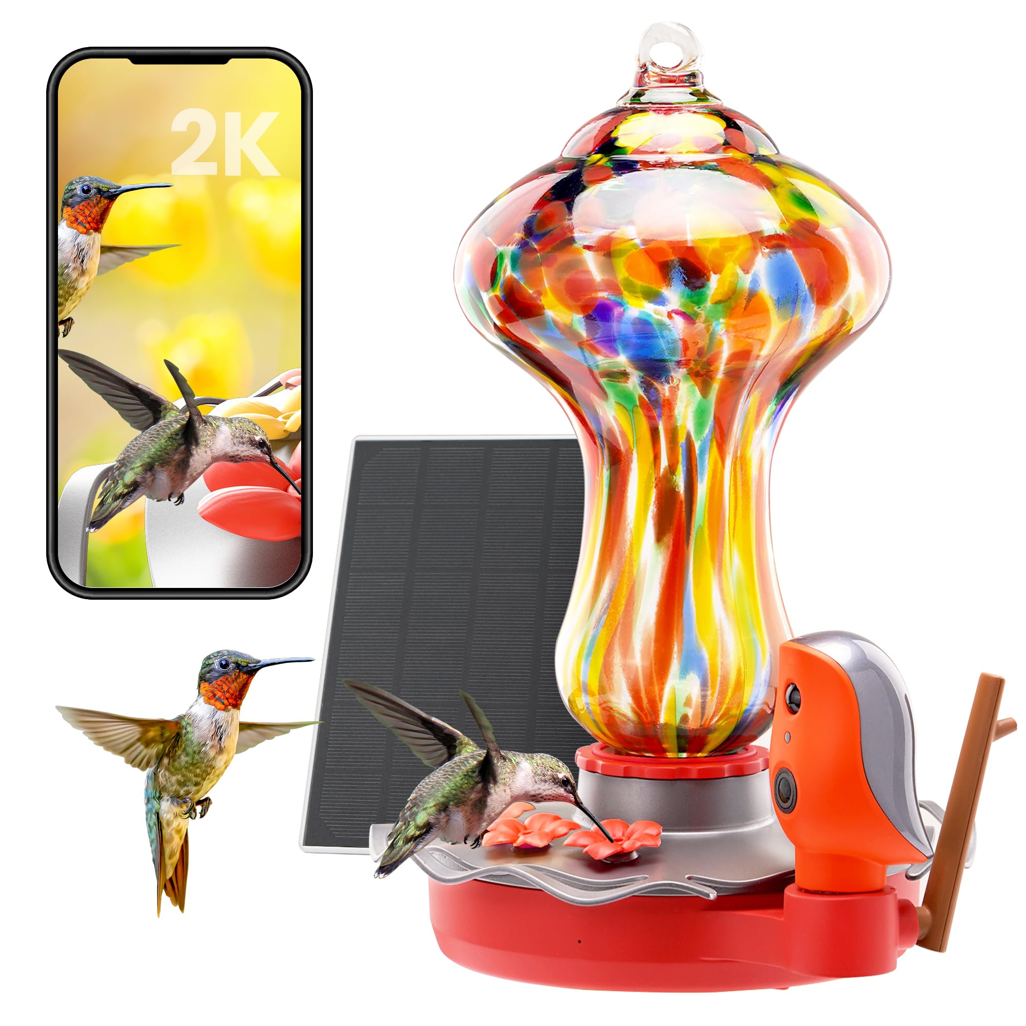 Smart Hummingbird Feeder with 2K HD Camera - Solar Powered AI Bird Identification, Water Level Detection & Instant Alerts | Leakproof Design with Ant Moat | Alexa & Google Assistant Compatible | Perfect for Backyard Birdwatching & Nature Lovers