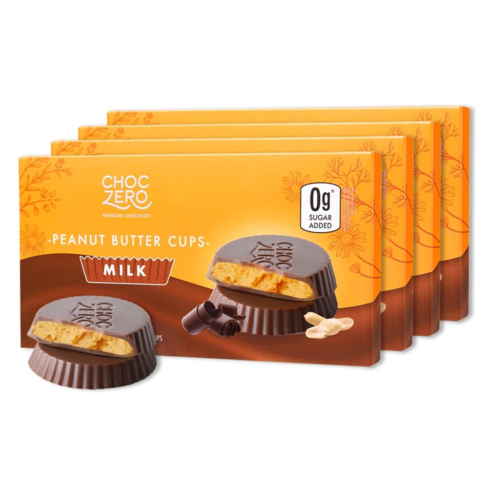 ChocZero Sugar-Free Milk Chocolate Peanut Butter Cups - Keto, Low Carb, Gluten-Free Candy Snacks - 4oz Pack of 4 (32 Cups Total) - Perfect for Diabetic-Friendly Desserts & Healthy Treats
