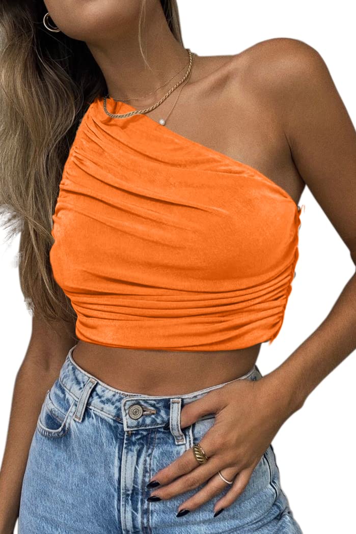 CHYRII Women's Sexy Sparkly One Shoulder Crop Top Sleeveless Ruched Tank Top for Party, Club, Night Out, Date Night, and Summer Vacation Outfits