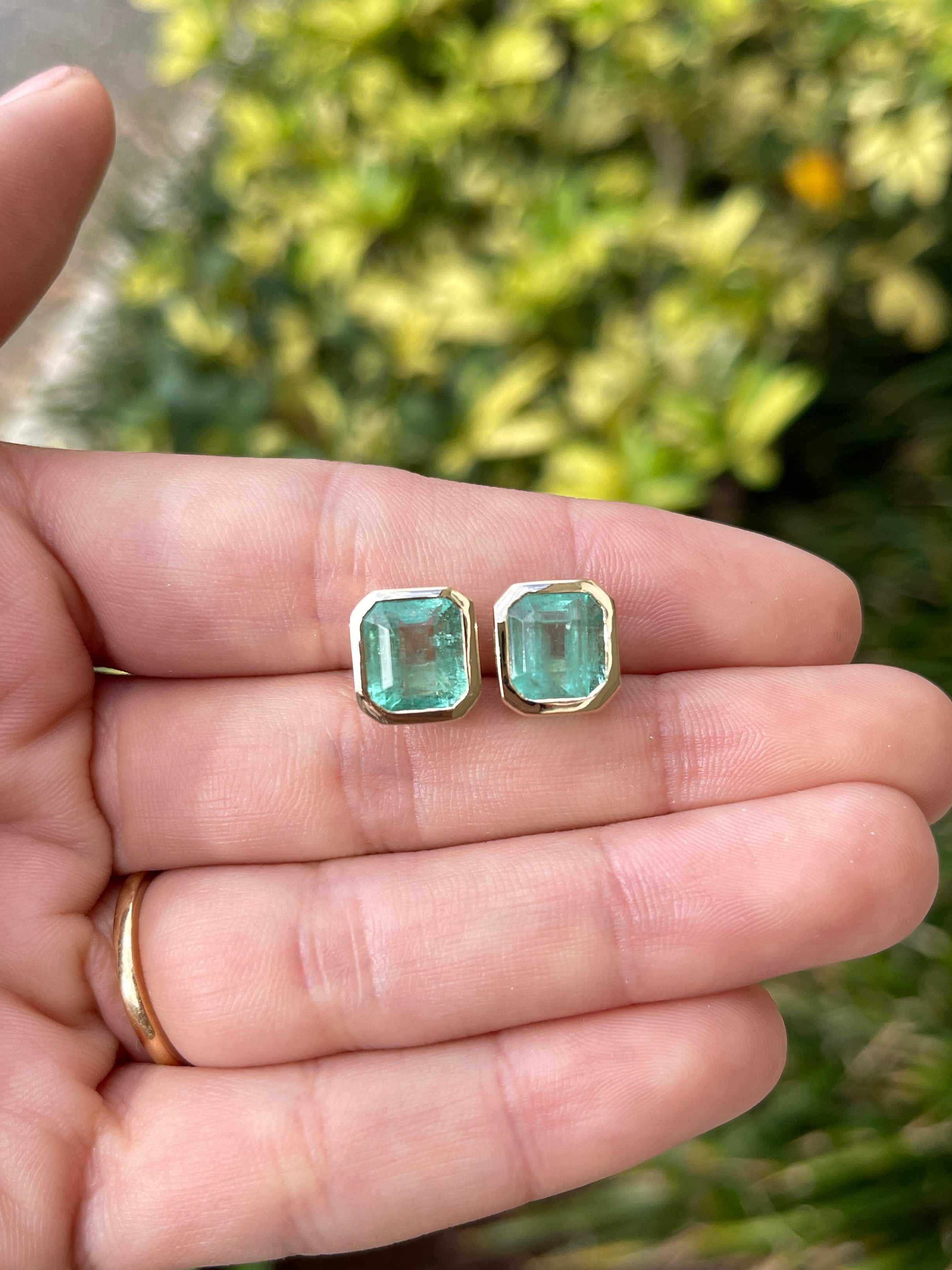 6.80tcw Bezel Set Natural Colombian Emerald Stud Earrings for Women – Elegant Green Gemstone Jewelry for Parties, Weddings & Special Occasions