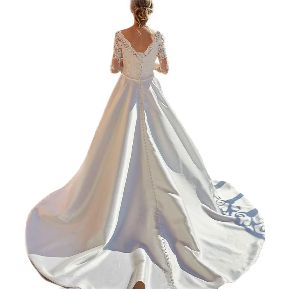 XYAYE Elegant Long Sleeve Lace Wedding Dress for Bride - Satin Princess Bridal Gown with Long Train | Perfect for Church Ceremony, Beach Wedding & Formal Reception
