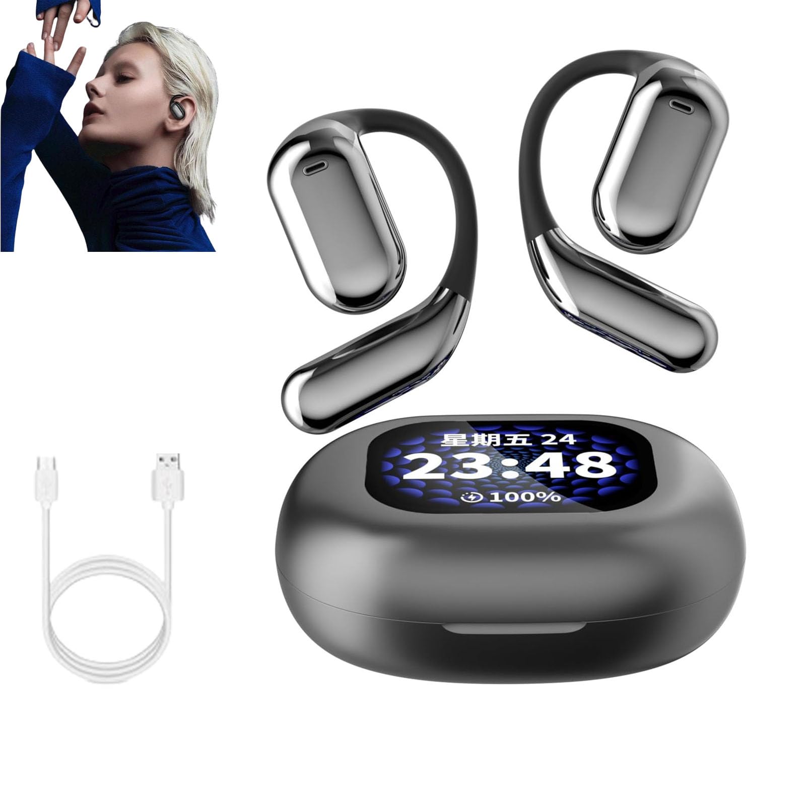 Jhbsou Xp2 Over-Ear Wireless Earbuds with LED Display - Bluetooth 5.4 Open-Ear Sport Headphones for Running, Gym Workouts & Cycling (Dark Gray) - Sweatproof Comfortable Earphones for Outdoor Activities & Office Use