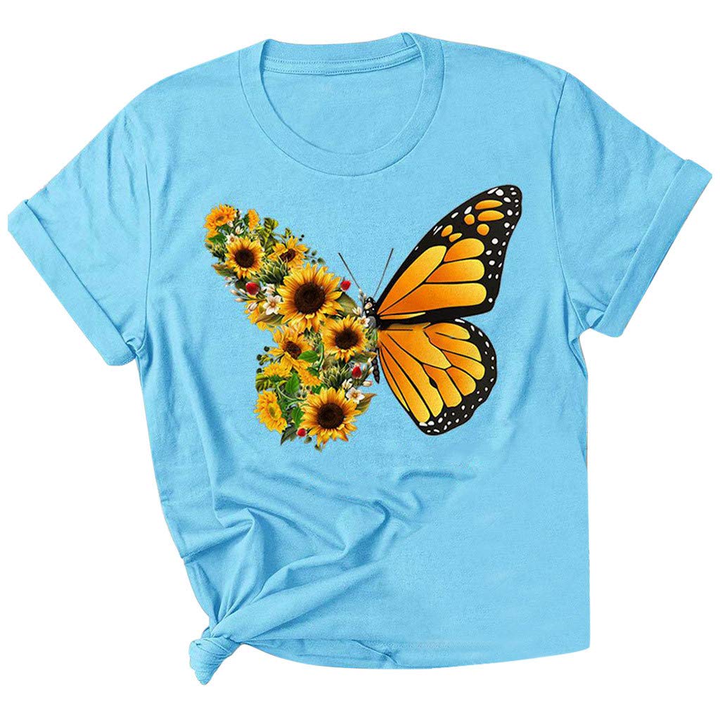 Women's Summer Graphic Tee - Casual Short Sleeve Printed Top with Sunflower & Butterfly Design | Perfect for Beach Outings, Music Festivals & Casual Everyday Wear
