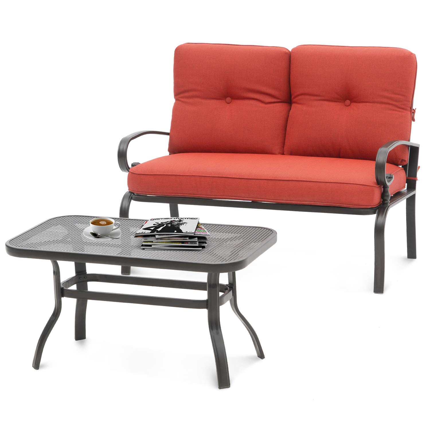 SOLAURA 2-Piece Outdoor Loveseat Set with Coffee Table - Wrought Iron Frame & Red Cushions - Patio Garden Bench Sofa for Backyard, Poolside, and Terrace Relaxation