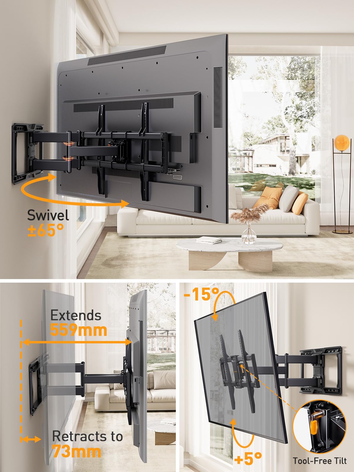 Perlegear TV Wall Mount for 42-90 Inch TVs Up to 68KG, Full Motion Articulating Arm with Tilt, Swivel, Extension, Max VESA 600x400mm - Perfect for Living Room, Bedroom, and Home Theater Setup