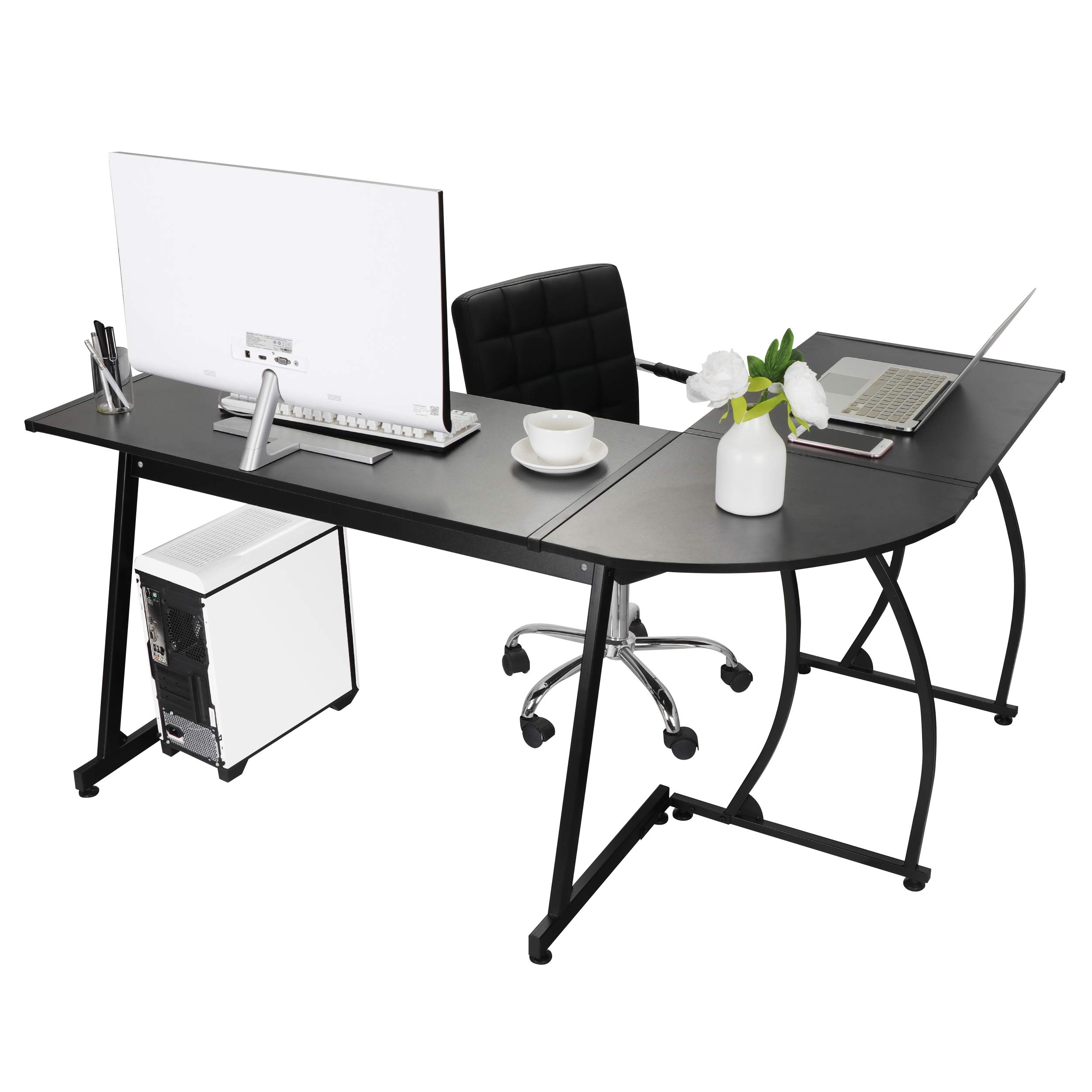 Modern L-Shaped Home Office Desk with Round Corner - Sturdy Steel Frame Computer Desk for Gaming, Writing & Workstation - Perfect for Small Spaces & Home Offices (Black)