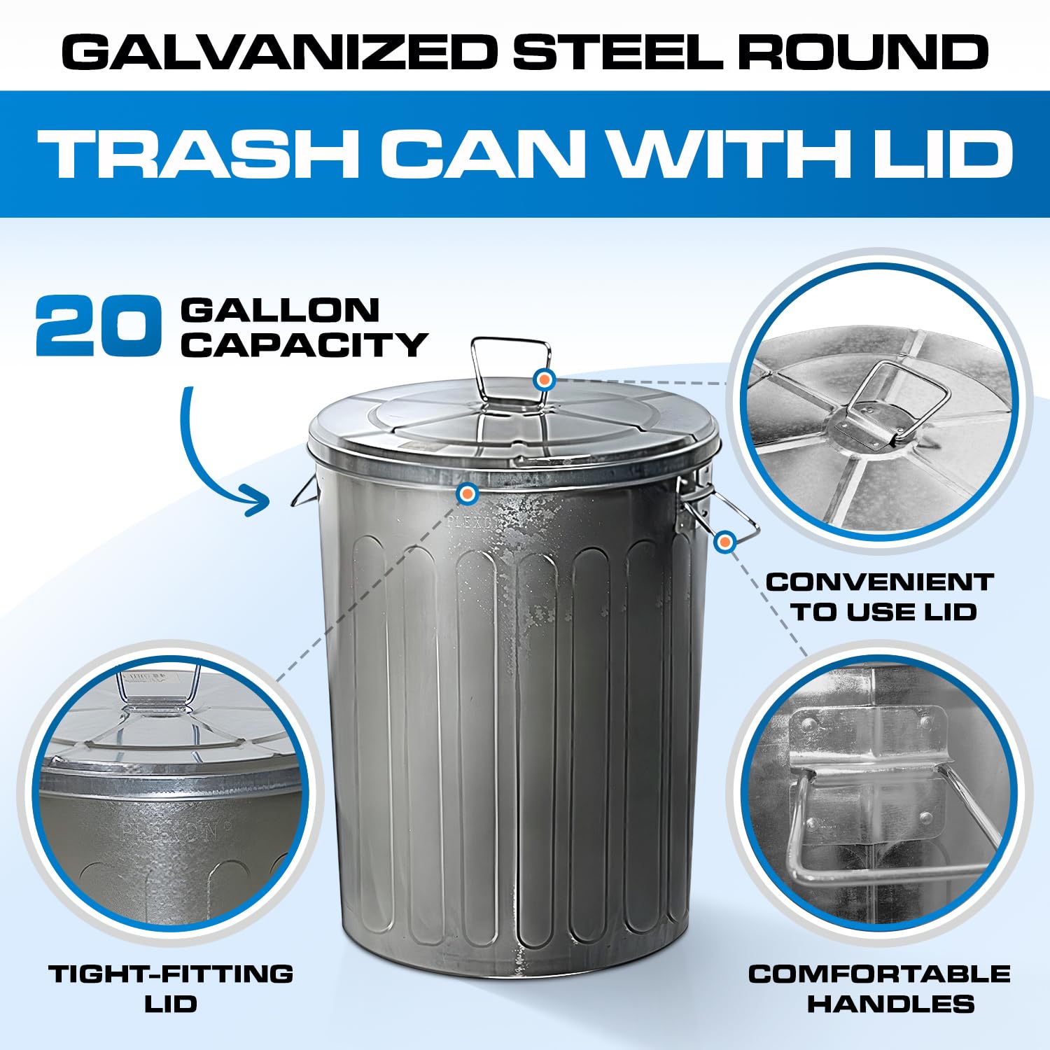 Plexon 20 Gallon Outdoor Metal Trash Can with Lid - Durable Galvanized Steel Garbage Bin for Patio, Yard & Garden Waste Disposal