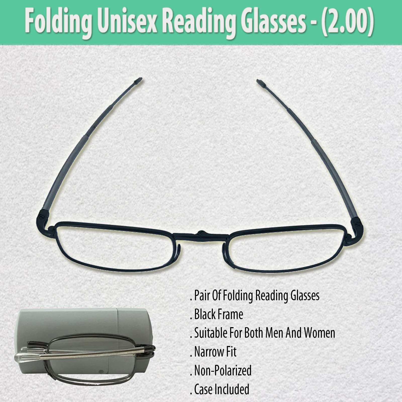 Unisex Folding Reading Glasses 2.00 Strength - Non-Polarized Black Frame with Plastic Case - Narrow Fit for Reading, Working & Travel