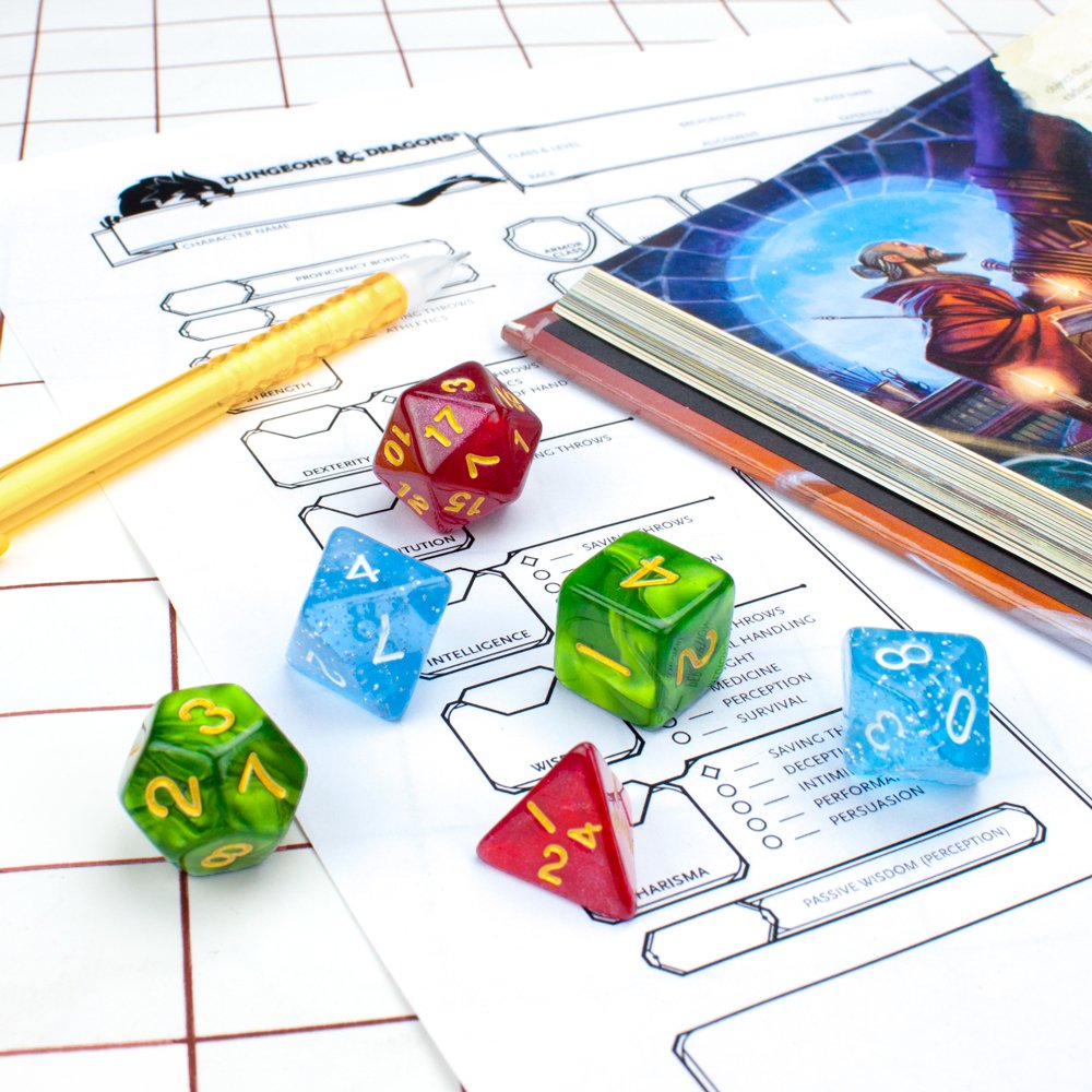 Wiz Dice 7-Piece Polyhedral Dice Set - Arcane Aura (Purple Glitter) with Velvet Pouch for Dungeons & Dragons, RPG Games, and Tabletop Adventures