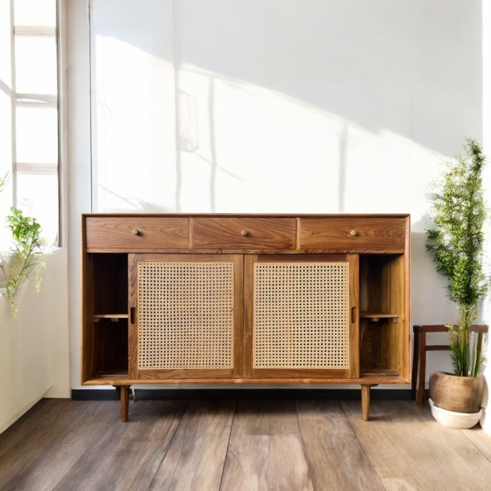 Bruno Rattan Sideboard - Modern Woven Storage Cabinet for Living Room, Dining Room & Entryway - Stylish Home Decor & Organizer for Small Spaces